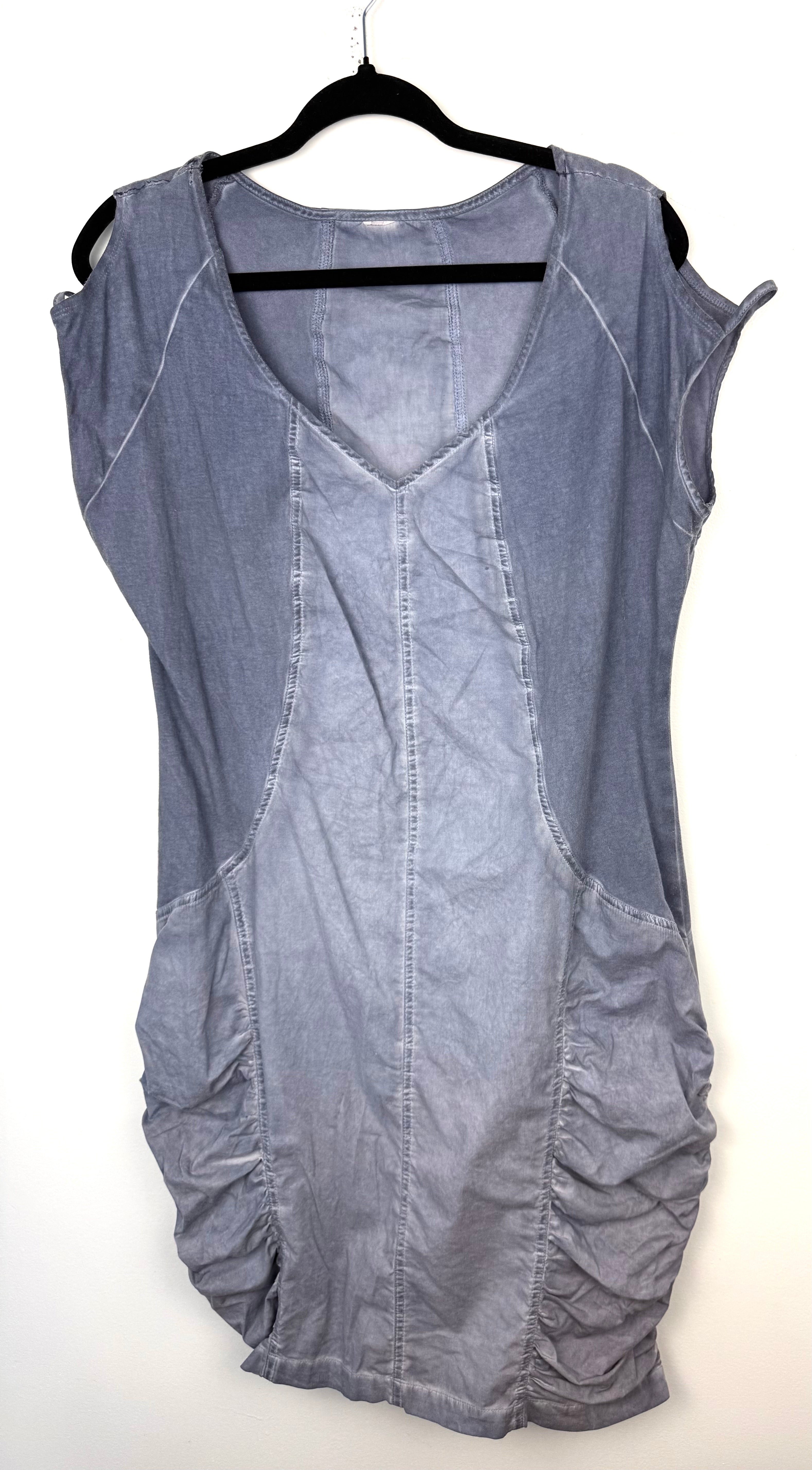front of Resale Ruched Pocket Cold Shoulder Tunic Dress  at Blue Sparrow Shop on hanger