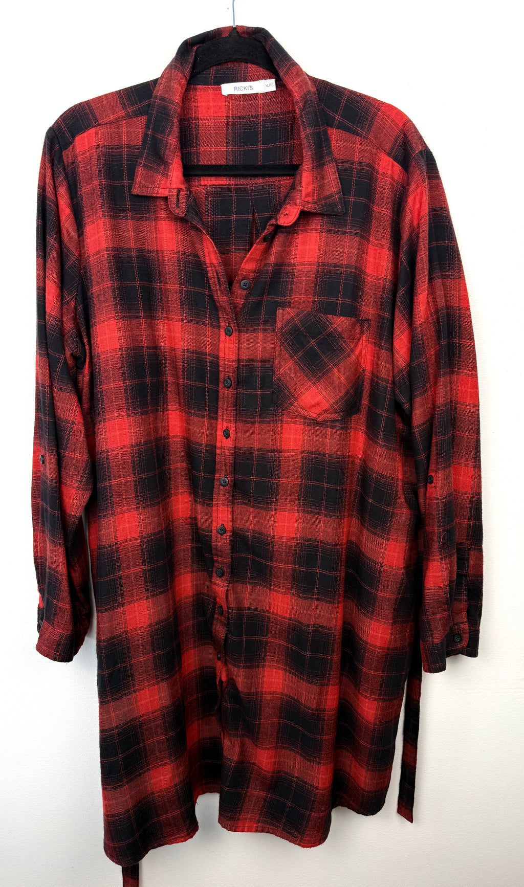 front of Ricki's Long Plaid Shirt with Belt | Size XL on hanger