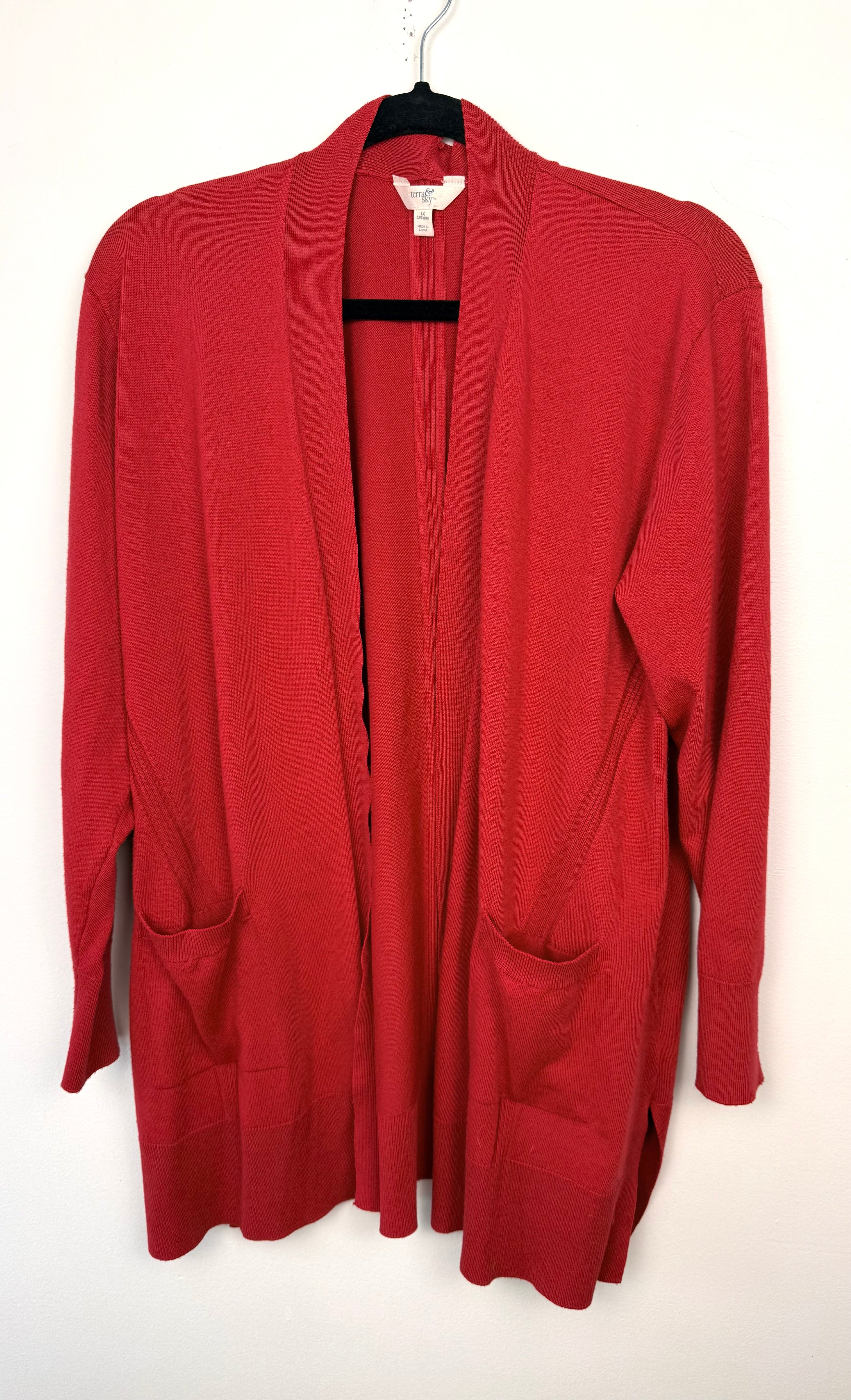 front of Terra & Sky Relaxed Fit Recycled Cardigan | Size 1X on hanger