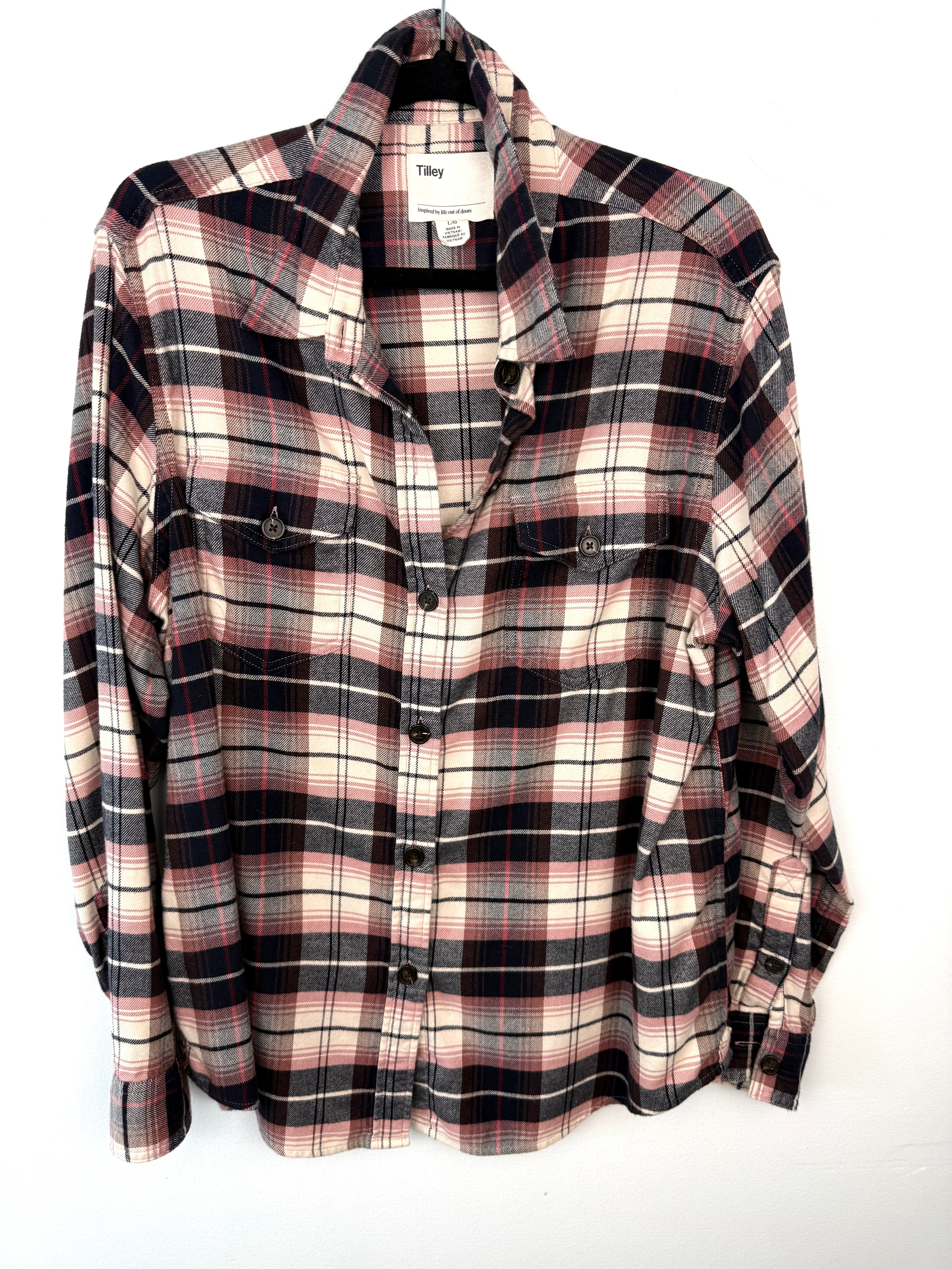 front of  Tilley Organic Cotton Plaid Shirt  on hanger