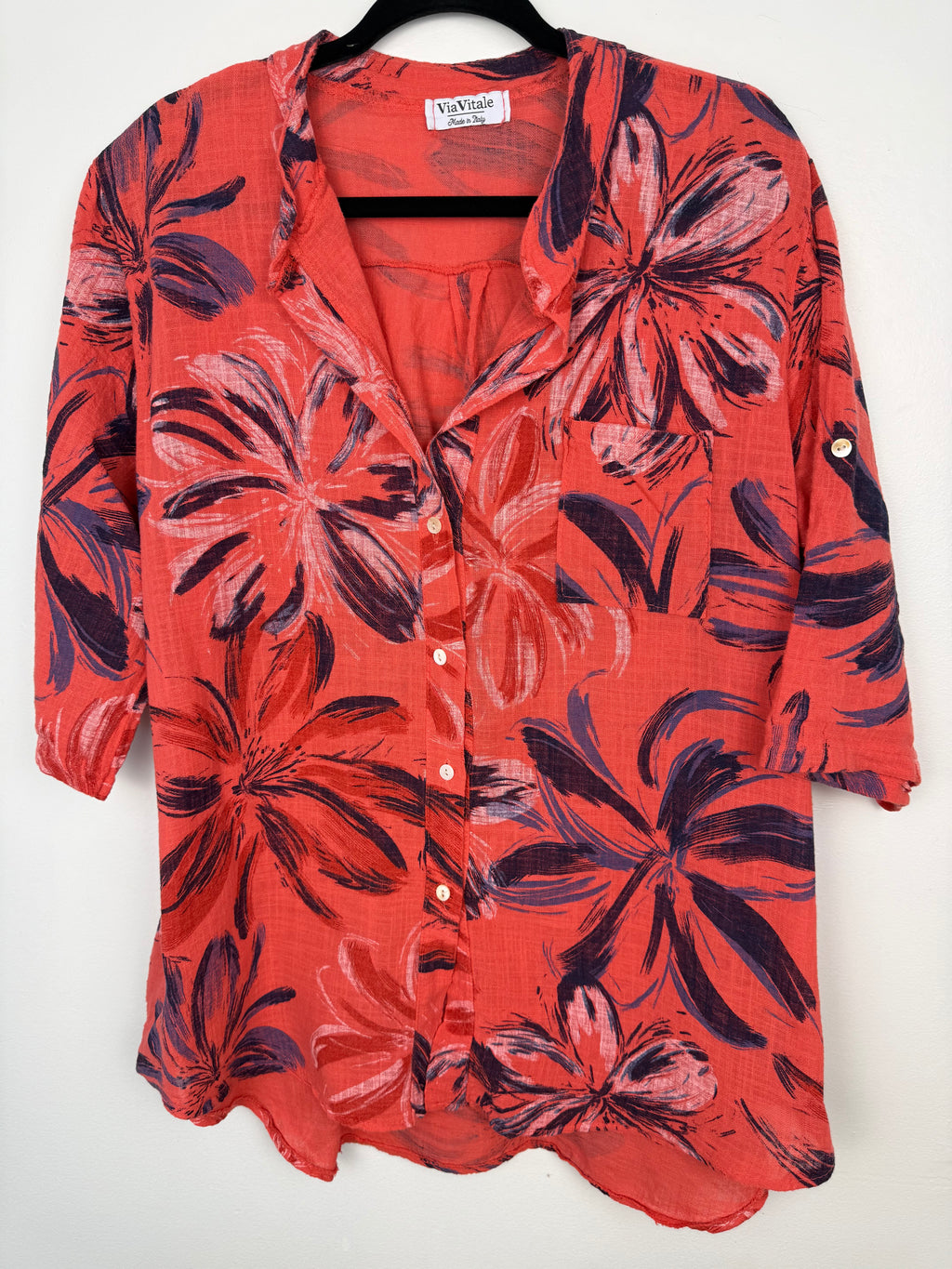 front of Via Vitale Made in Italy Linen Floral Blouse / overshirt at Blue Sparrow Shop measuring on hanger