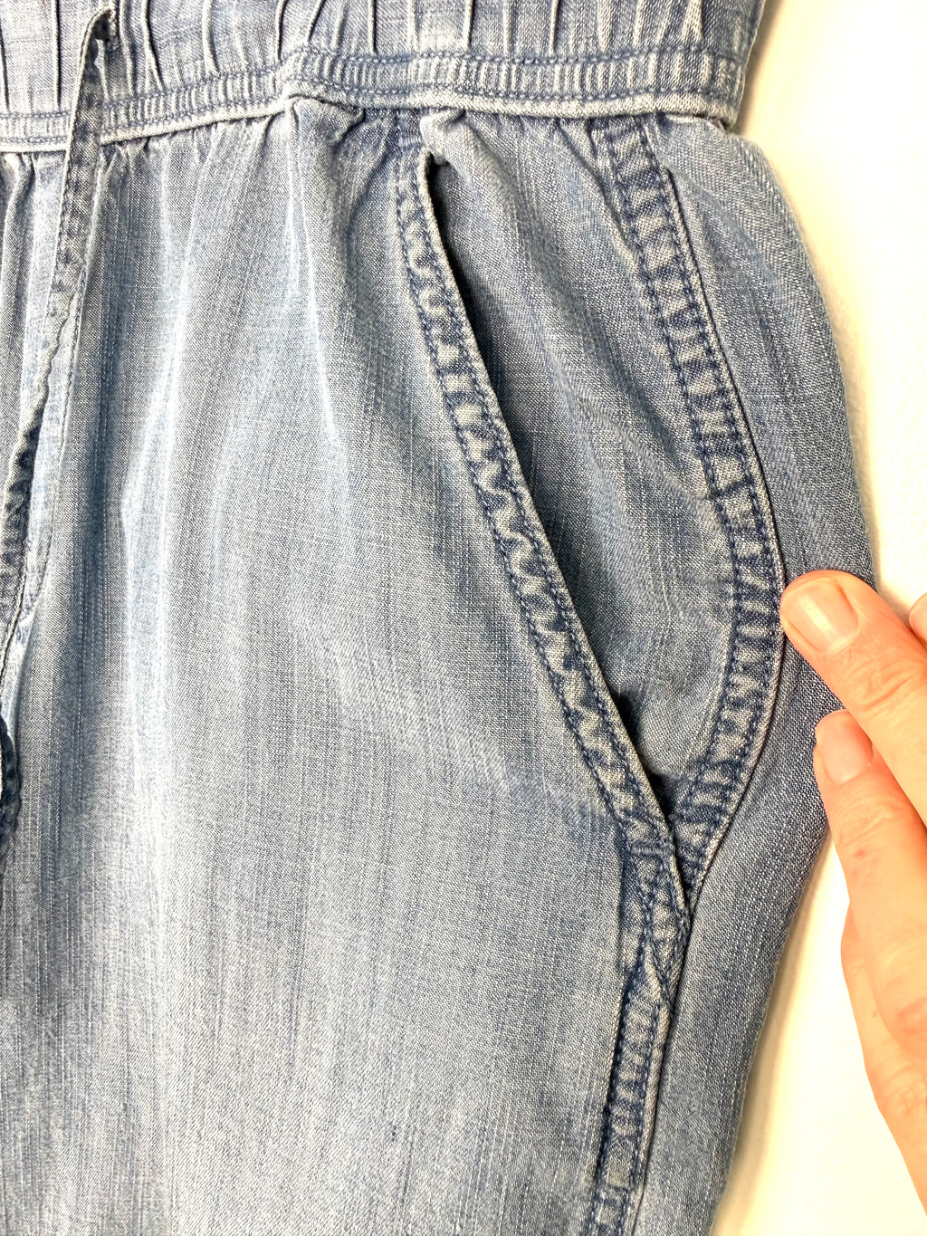 front pocket detail on Gap brand denim joggers