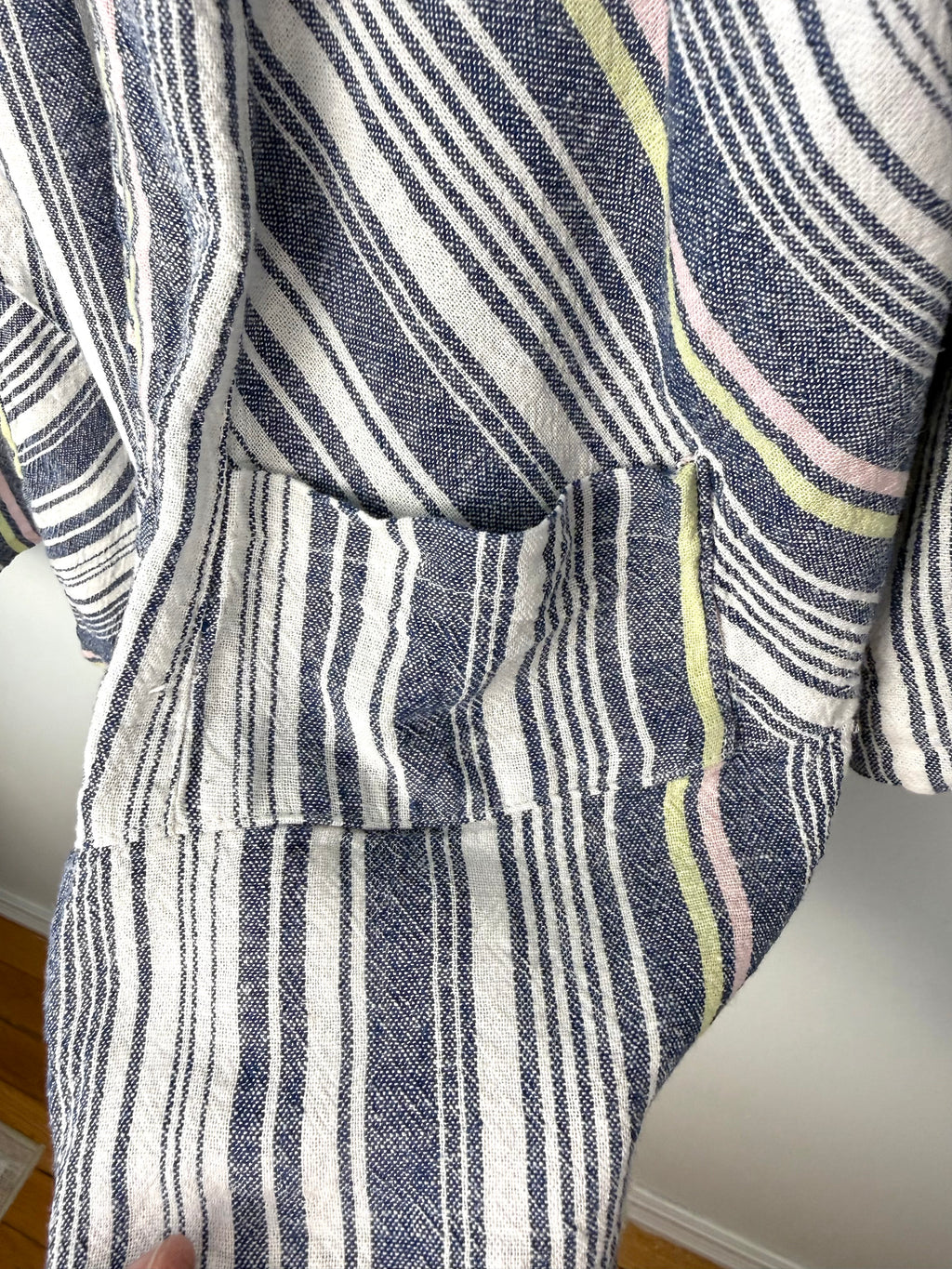 front pocket detail on Picadilly Canada linen blend jacket with striped pattern for spring and summer  