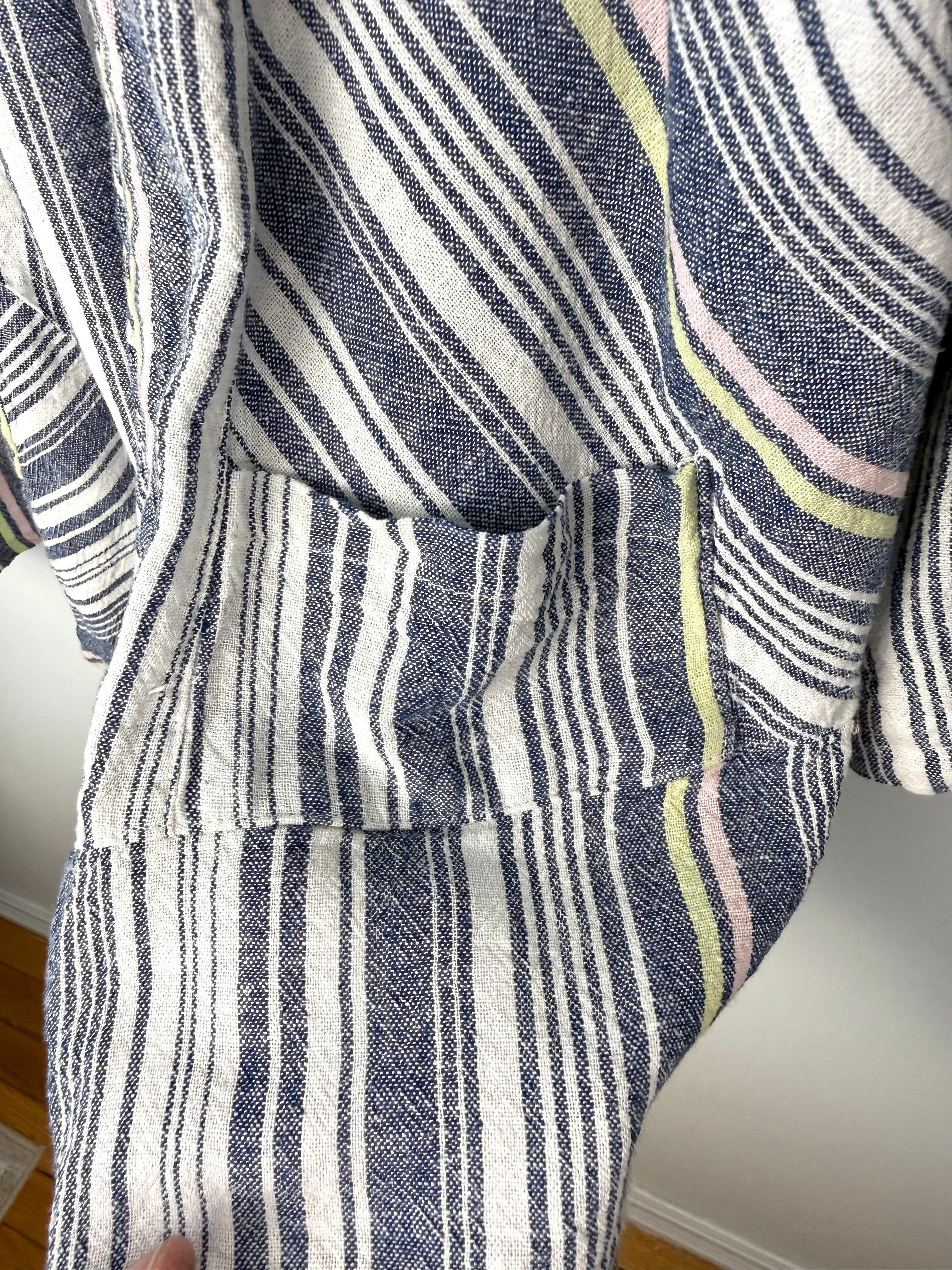 front pocket detail on Picadilly Canada linen blend jacket with striped pattern for spring and summer  