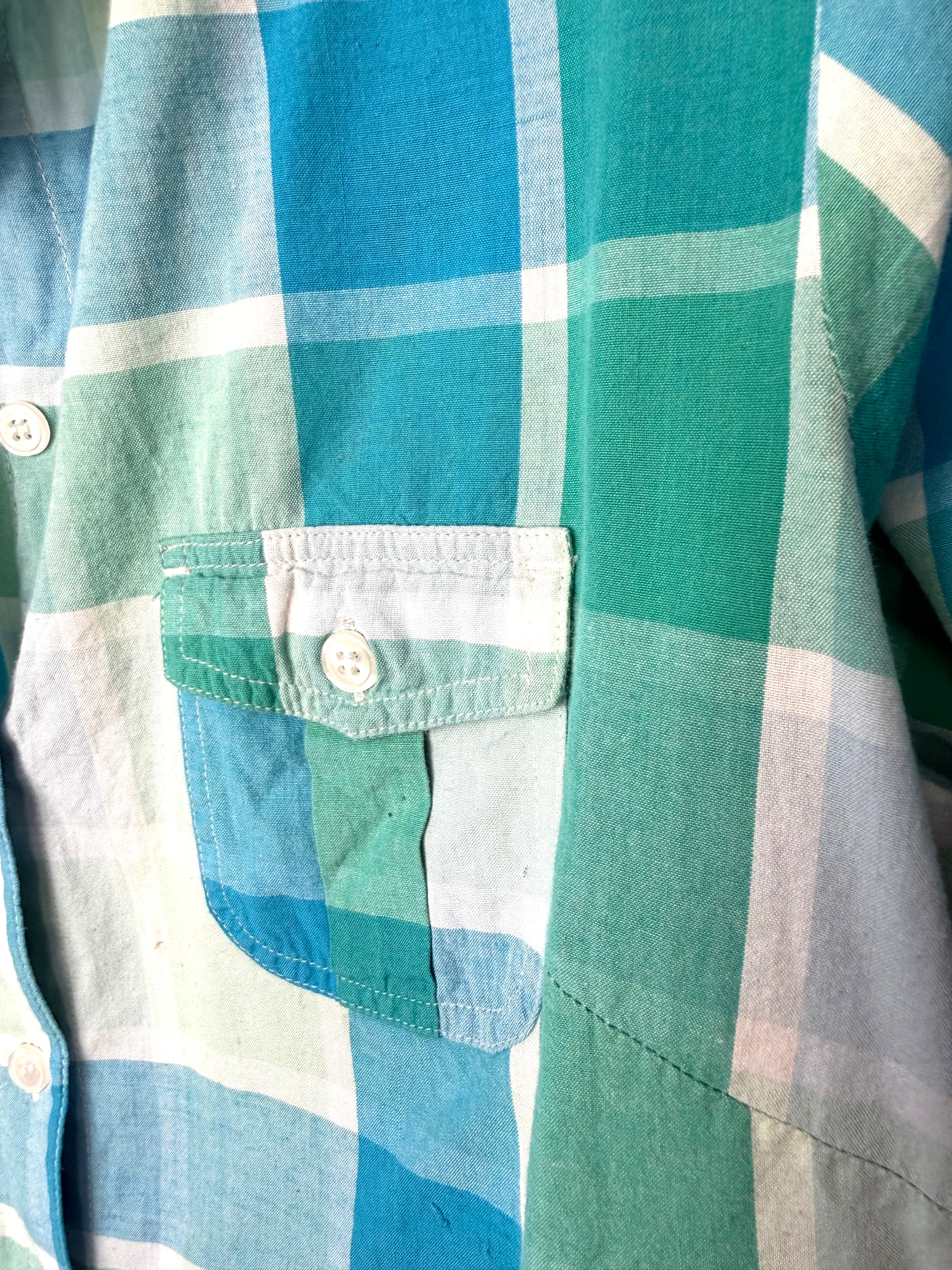 front pocket detail on Resale 100% Cotton Juli Plaid Button Front Shirt | Aqua Coastal Casual Top at Blue Sparrow Shop
