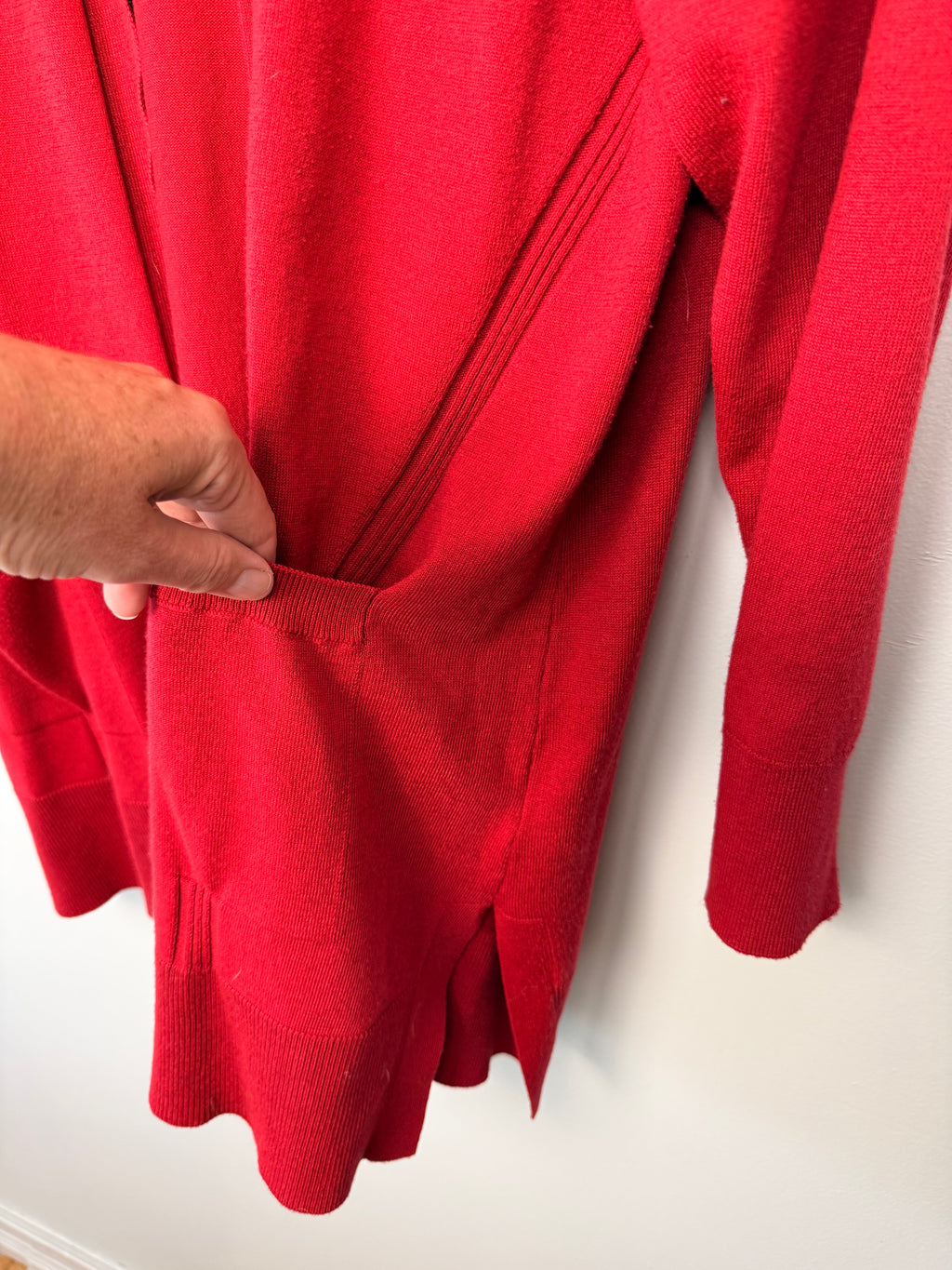 front pocket detail on Terra & Sky Relaxed Fit Recycled Cardigan | Size 1X