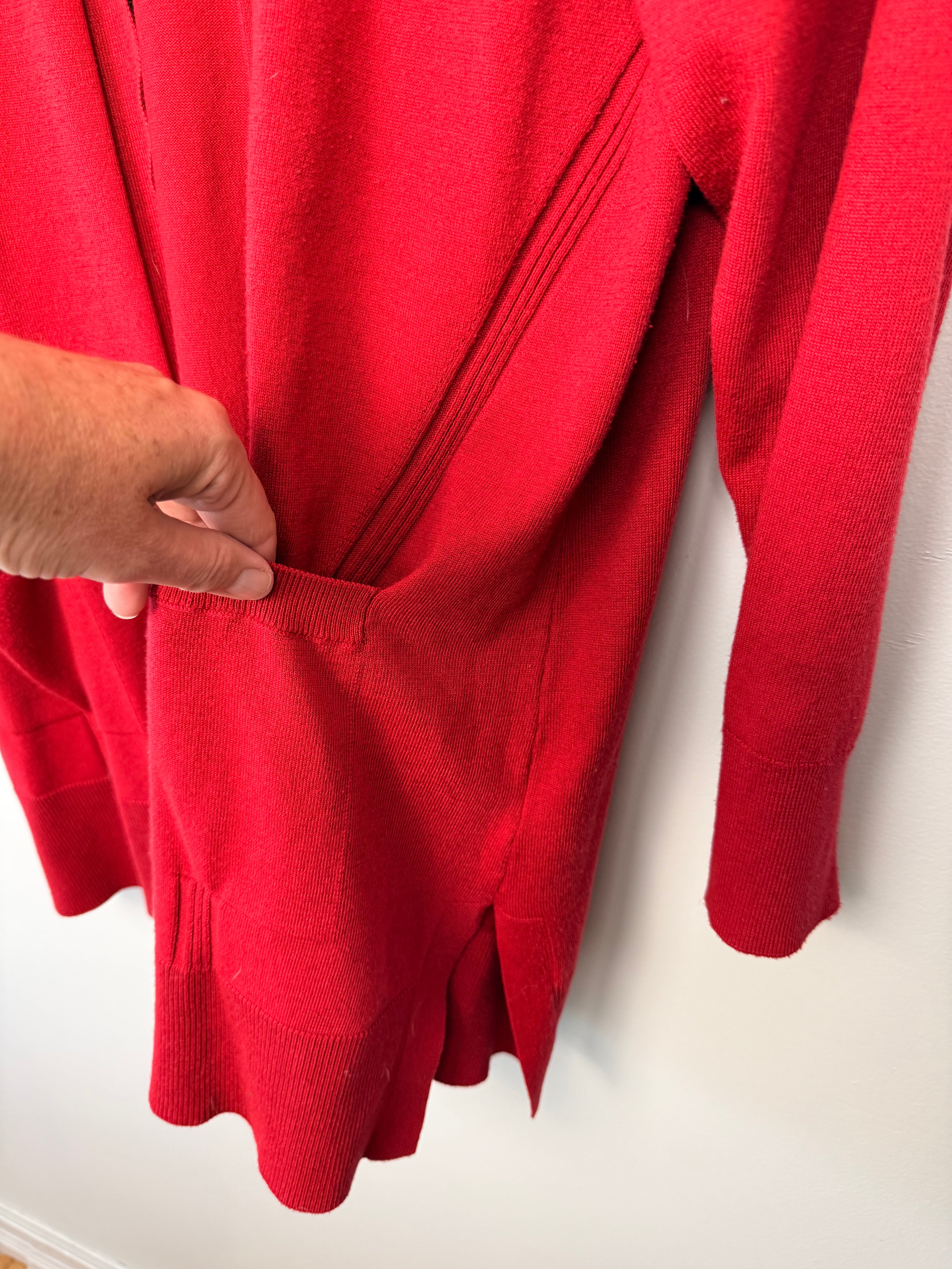 front pocket detail on Terra & Sky Relaxed Fit Recycled Cardigan | Size 1X