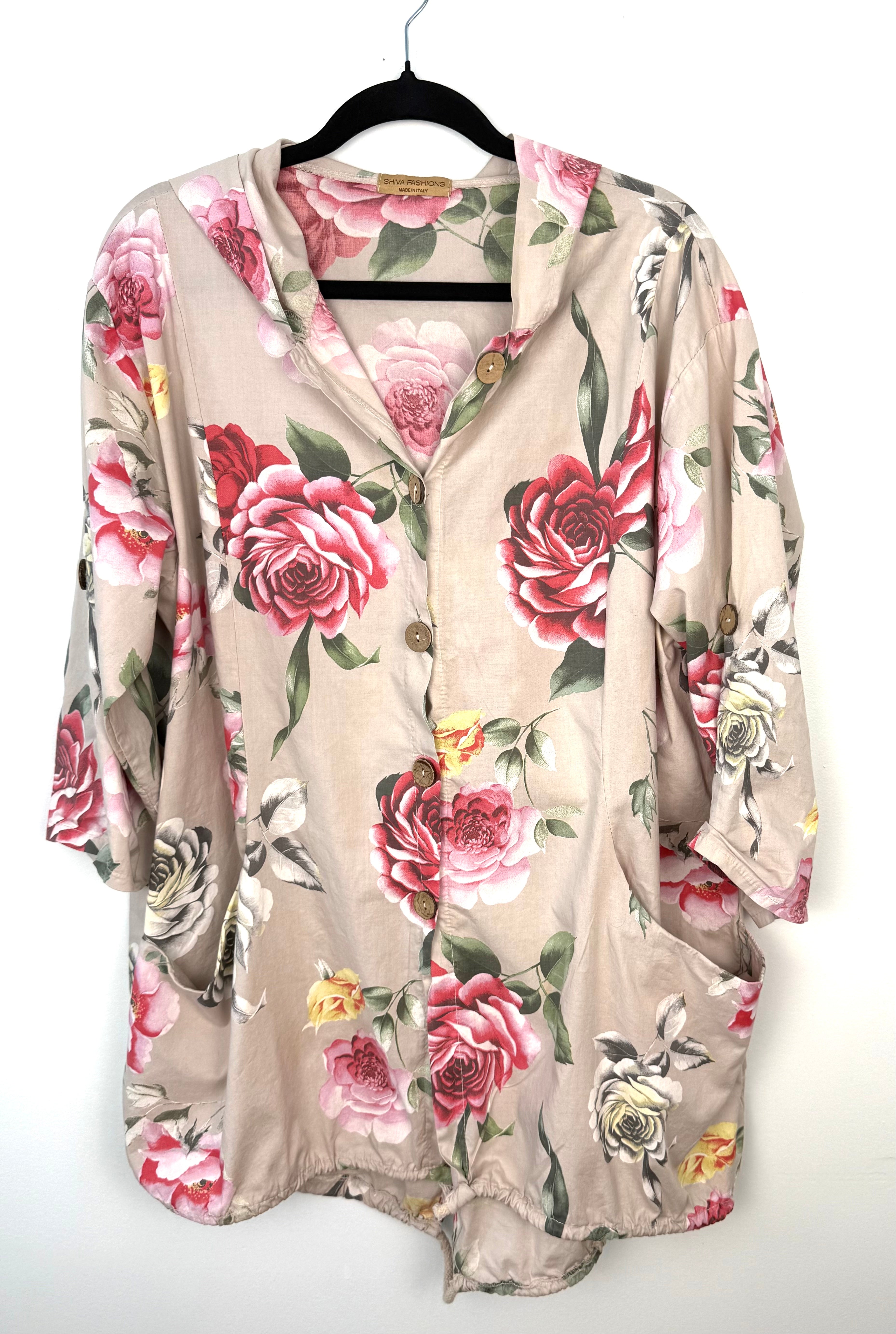 front view Oversized cottagecore floral jacket with hood and pockets slow fashion