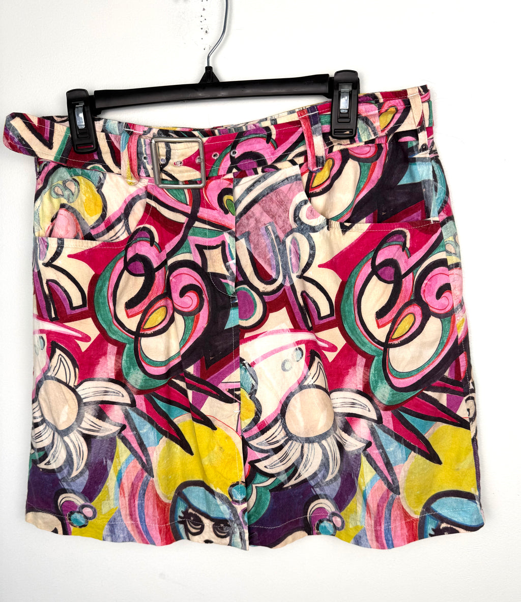 full front view of Cotton Abstract Print Belted Skort – Colourful Graphic Print Skort – Size L at Blue Sparrow Shop on hanger