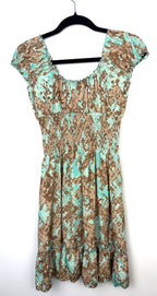 full back view of AMORas turquoise and brown printed smocked midi dress  boho summer festival dress on hanger