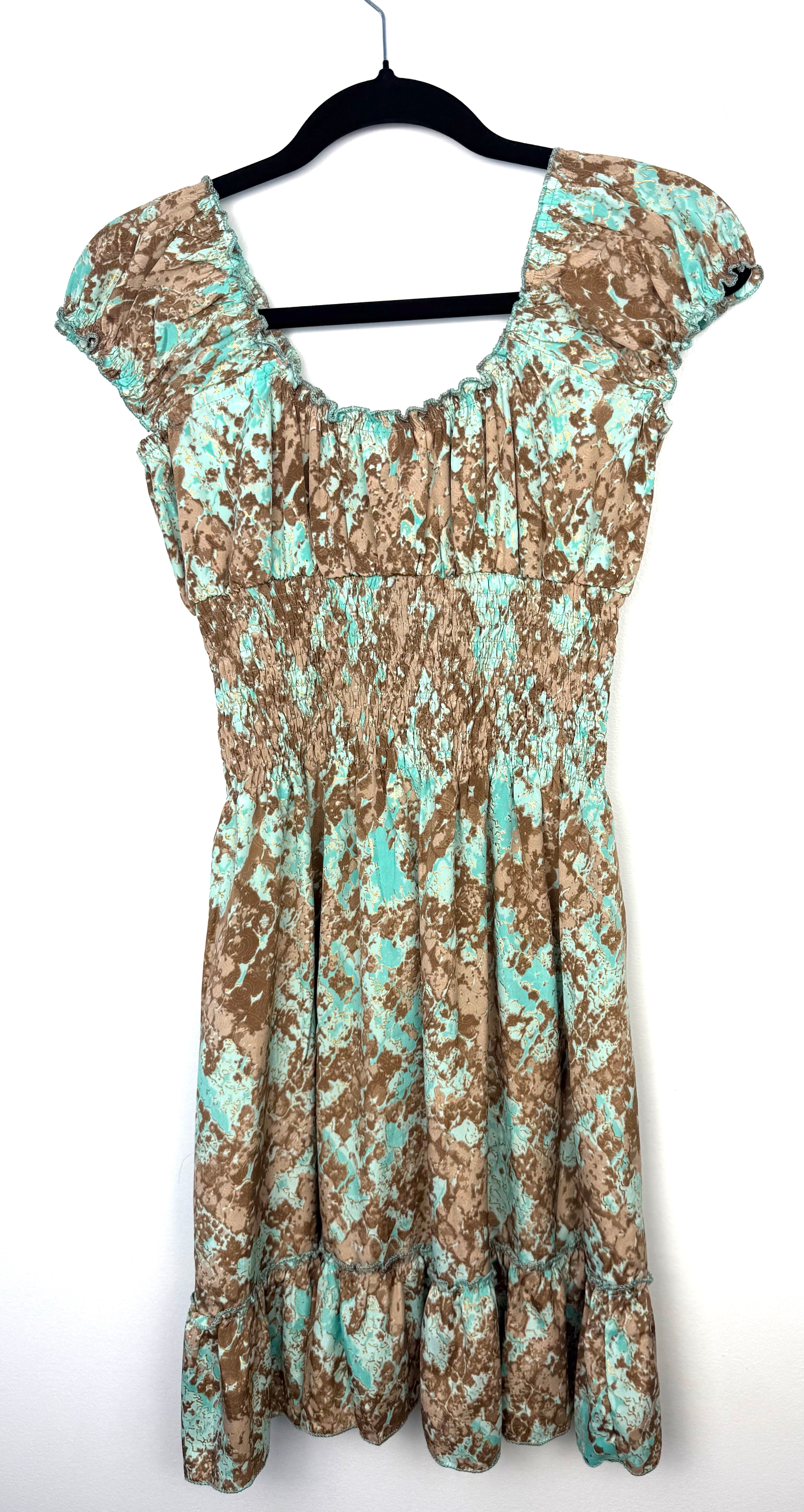 full back view of AMORas turquoise and brown printed smocked midi dress  boho summer festival dress on hanger