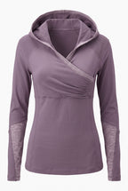 full front view of gathered chest detail on front of lululemon pullover size 6 on white background
