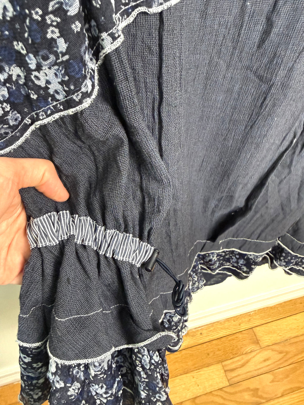 funky hem on Mixed Fabric Patchwork Navy Artisan Dress | Size L at Blue Sparrow Shop