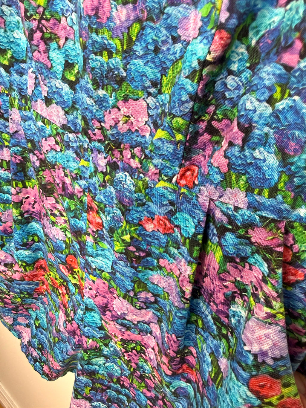 gathered waist on Birds of North America floral romper with impressionist hydrangea print
