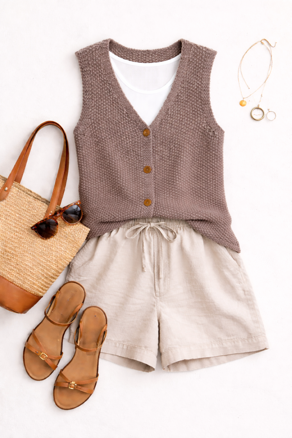 Handmade Chunky knit Button-Front Vest | Size S at Blue Sparrow Shop on flatlay with shorts, sandals, bag, sunglasses
