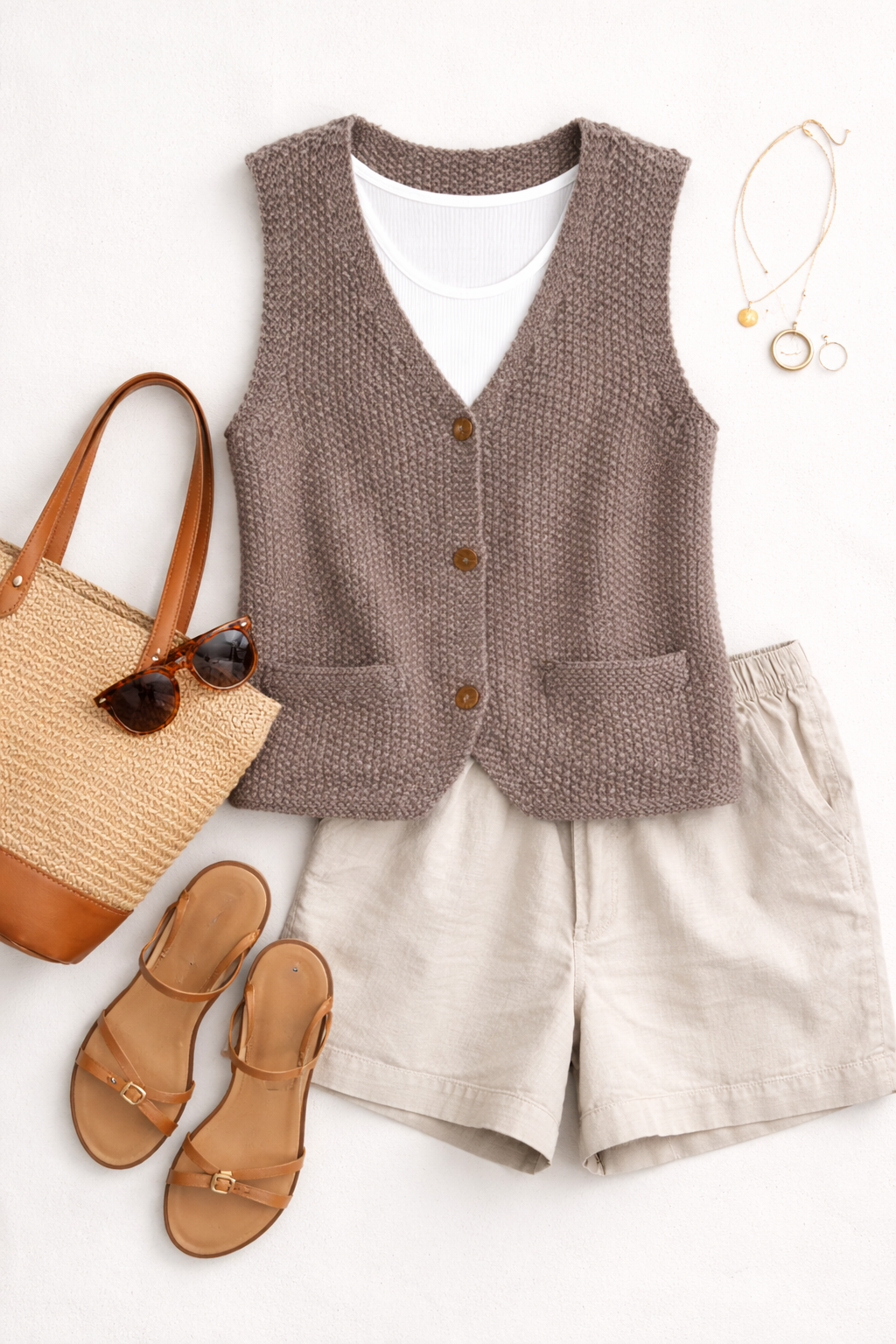 Handmade Chunky knit Button-Front Vest | Size S at Blue Sparrow Shop on flatlay with shorts, sandals, bag, sunglasses