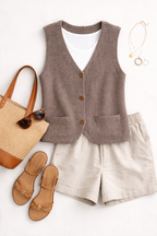 Handmade Chunky knit Button-Front Vest | Size S at Blue Sparrow Shop on flatlay with shorts, sandals, bag, sunglasses