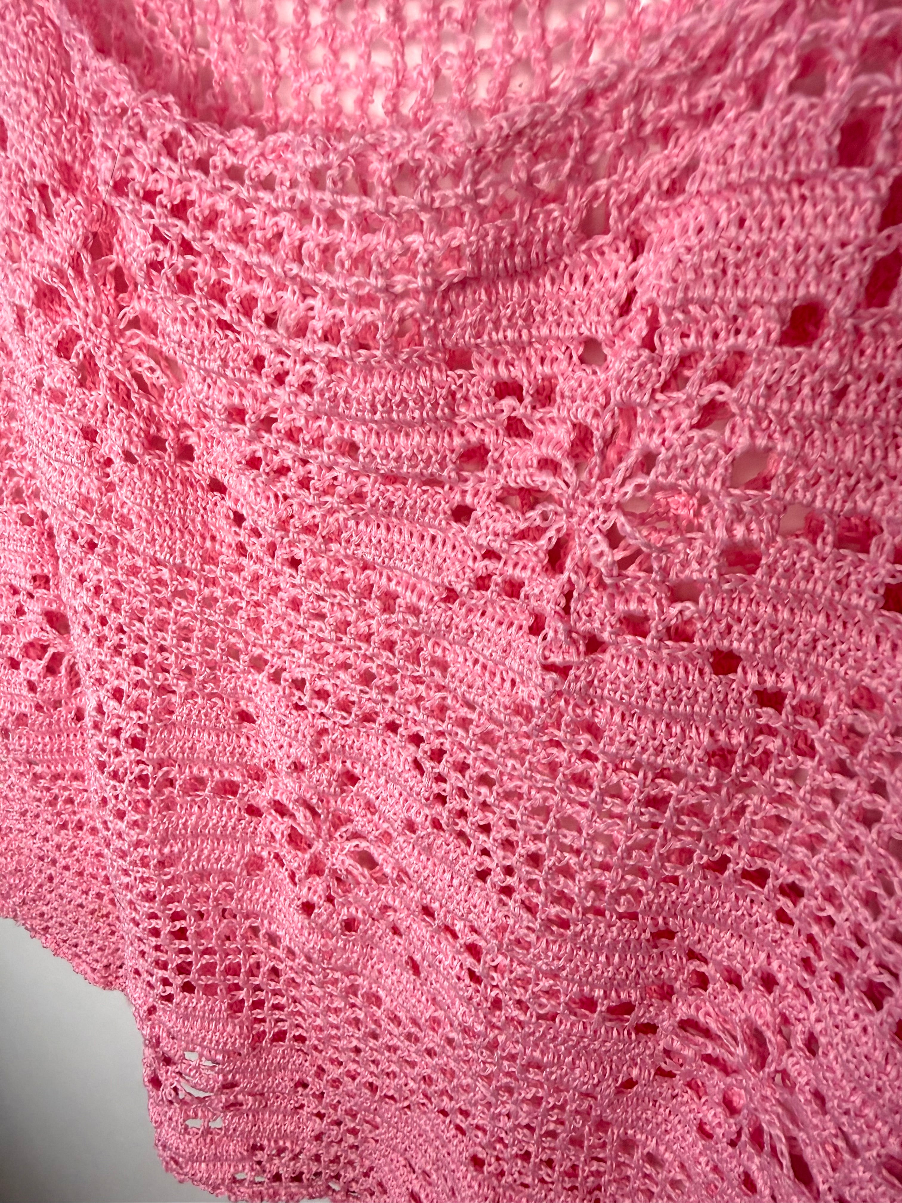 handmade crochet pink sleeveless top cottagecore up close view of pattern