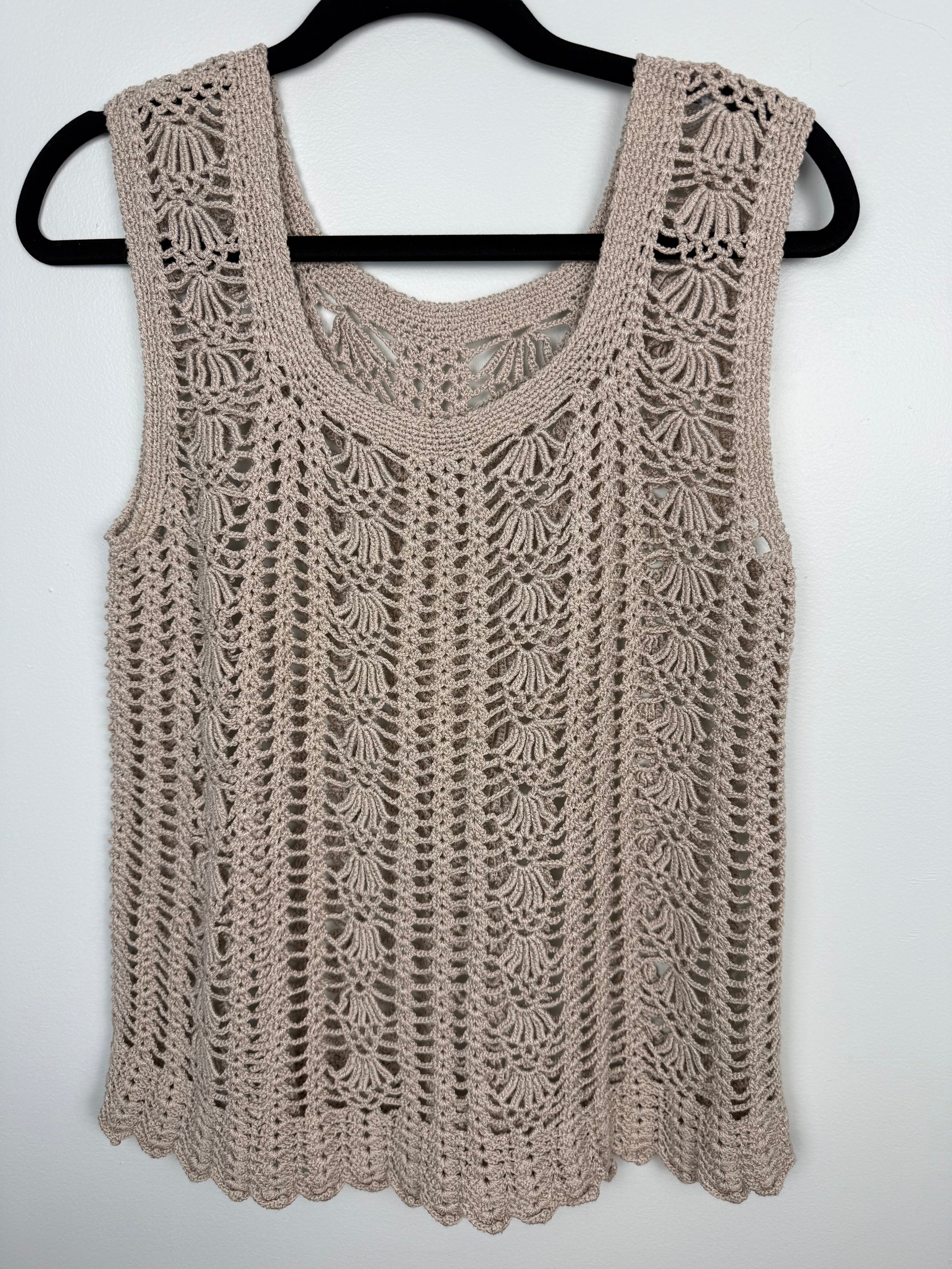 handmade crochet top scalloped hem neutral layering piece at Blue Sparrow Shop  on hanger