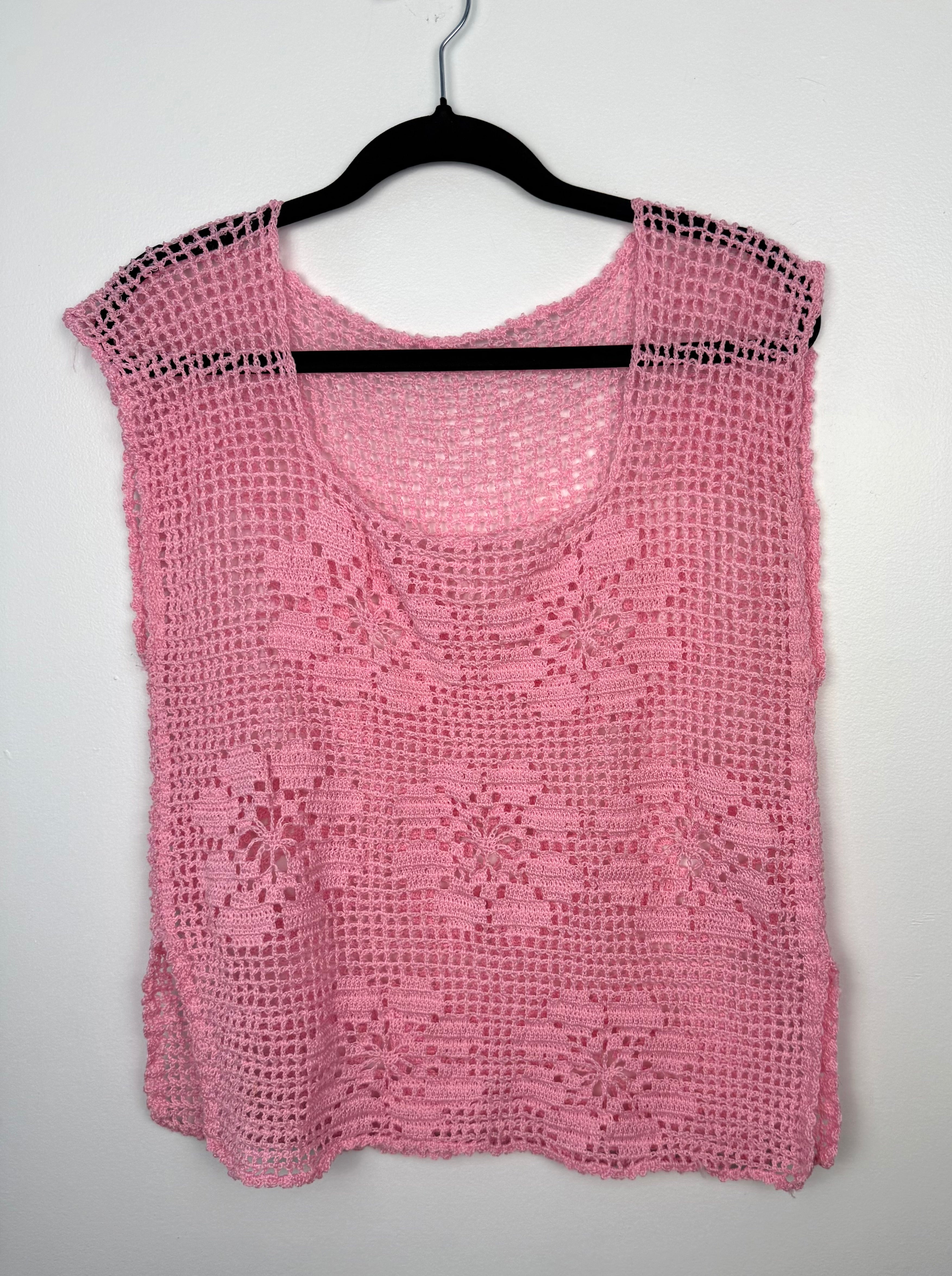 handmade pink crochet top women Y2K boho summer blouse open knit