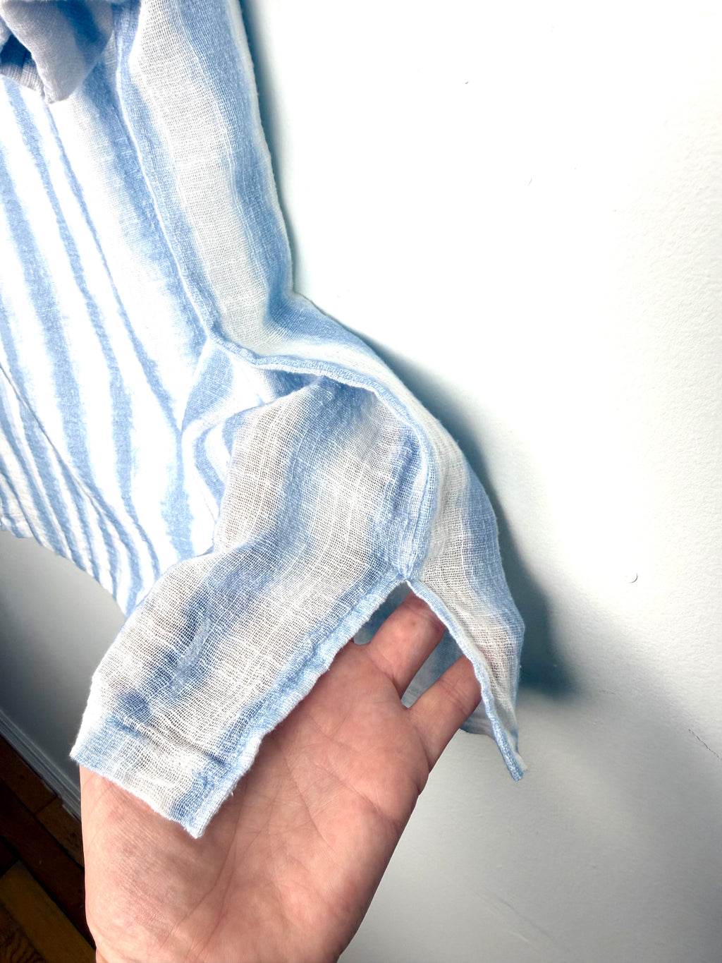 hem detail on 100% Cotton Watercolour Stripe Boxy Scoop Neck Top — Soft Blue & White | GG Jeans | Size XL at Blue Sparrow Shop