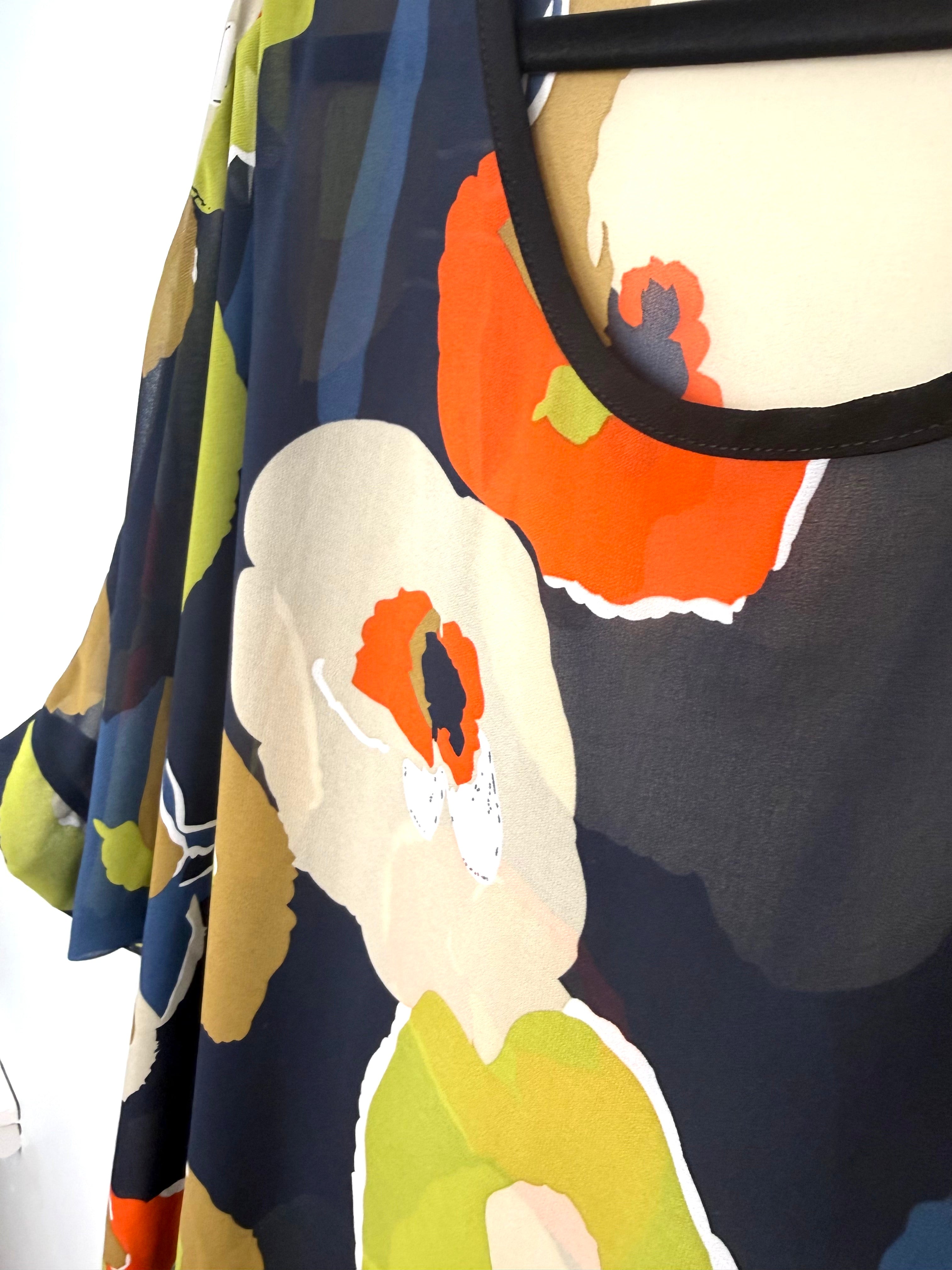 ightweight flowy tunic top with modern floral print close up of print 