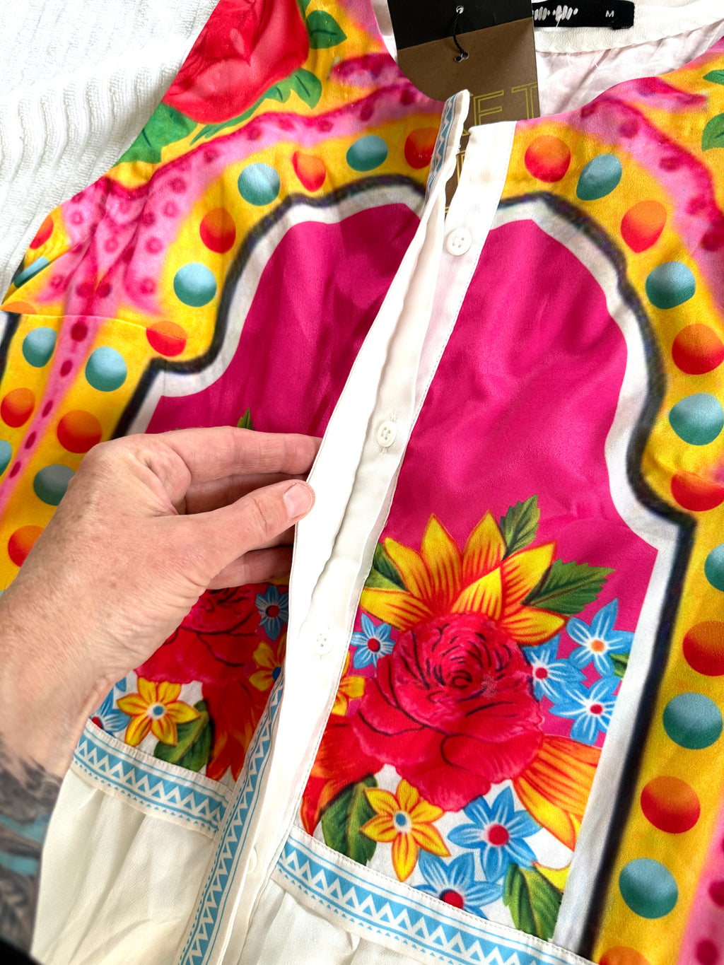 inside button detail on collar and bust detail on NWT Khaadi Colourful Floral Sleeveless Dress | Statement Summer Dress | Size M at Blue Sparrow Shop 