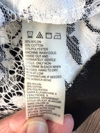 inside care tag Black and white floral lace open front cardigan, lightweight sheer lace jacket with cropped silhouette and 3/4 sleeves