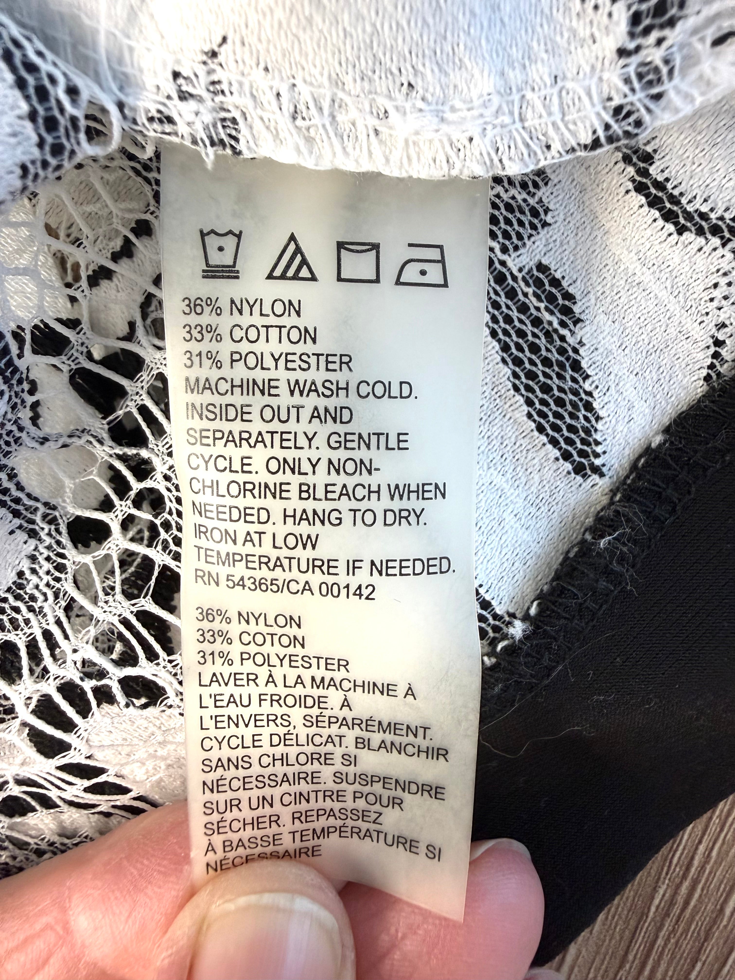 inside care tag Black and white floral lace open front cardigan, lightweight sheer lace jacket with cropped silhouette and 3/4 sleeves