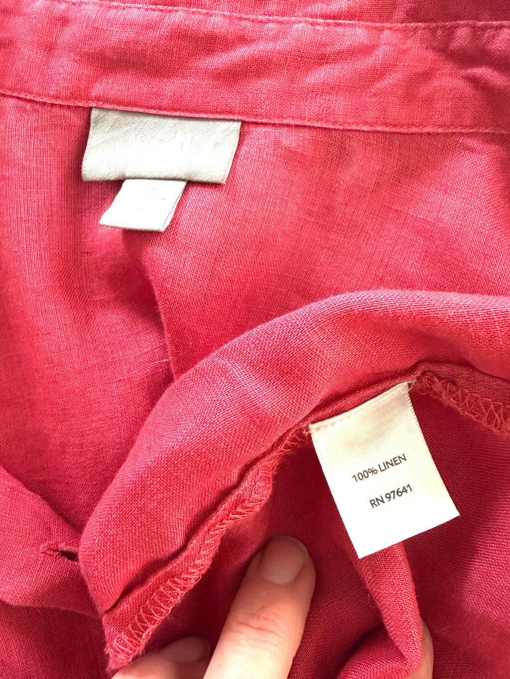 inside fabric tag on J.Jill 100% Linen Oversized Button-Down Shirt — Washed Rose Pink | Size XL at Blue Sparrow Shop 