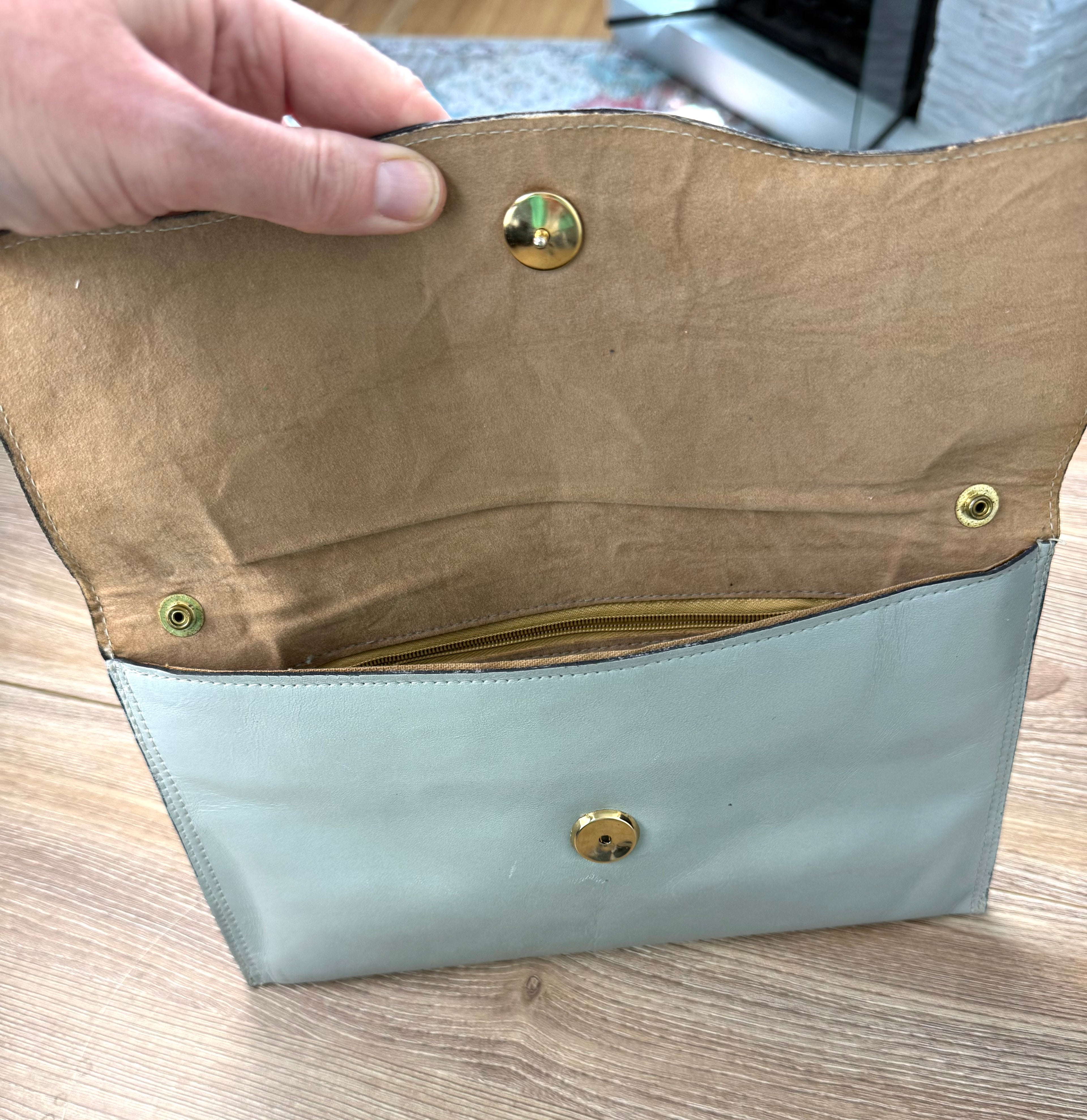 inside flap on Vintage Leather Clutch Bag at Blue Sparrow Shop 