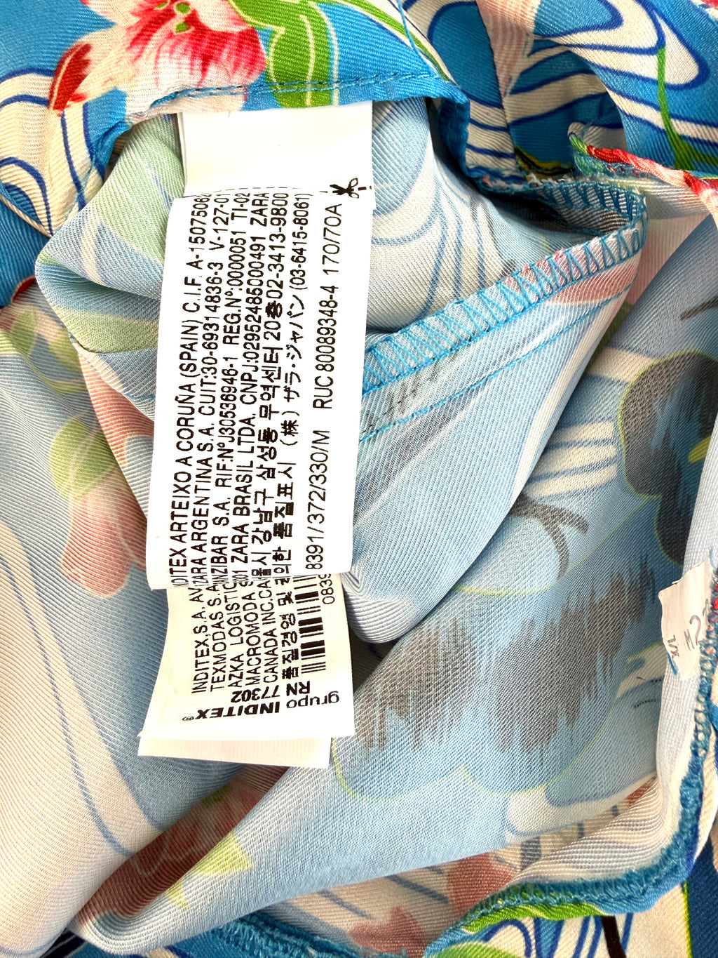inside hang tag Zara blue tropical bird floral wide leg pants