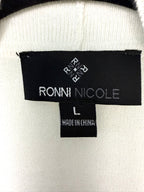 inside hang tag on vory cropped open front cardigan, dressy layering piece for dresses and skirts says Ronni Nicole brand size L made in china 