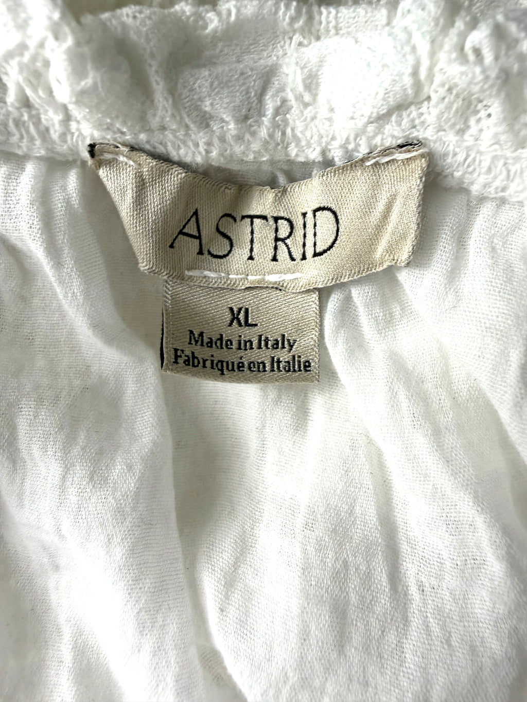 inside label Astrid Italian Lace Boho Cottagecore Blouse