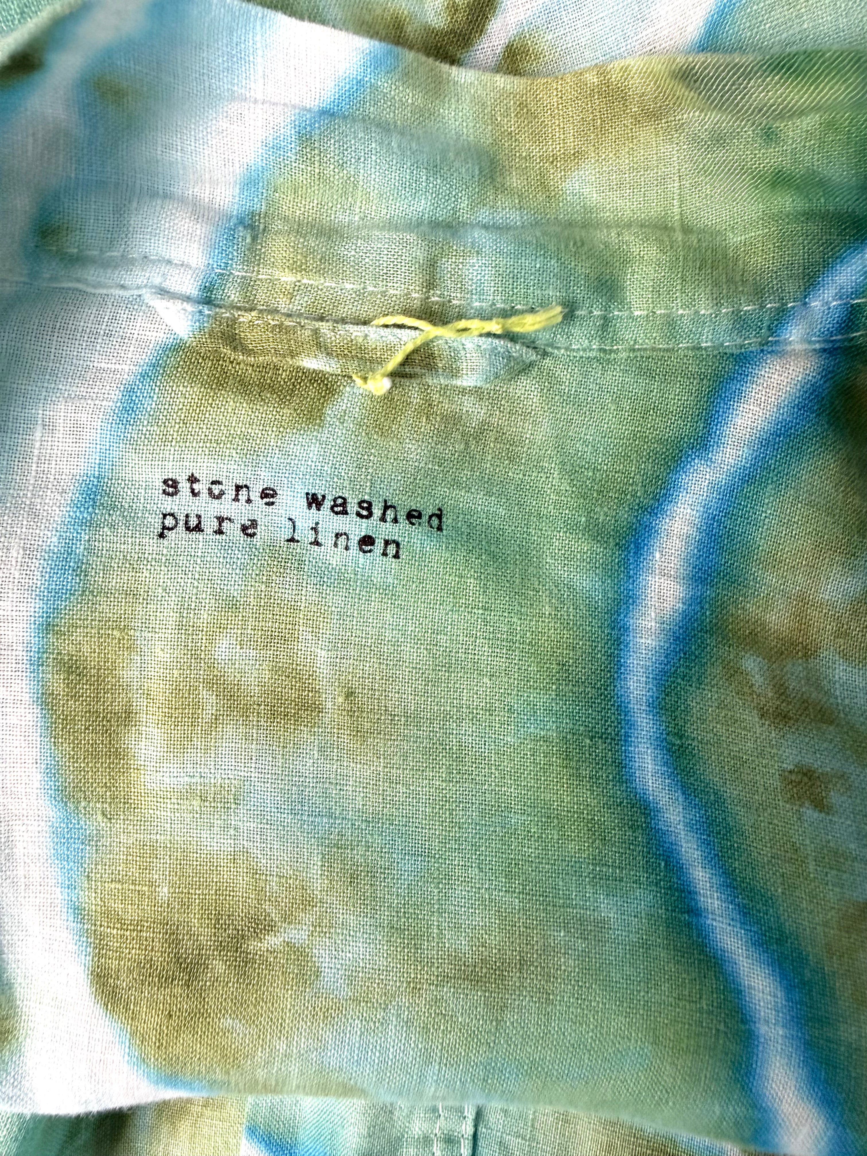 inside label on 100% Stone-Washed Pure Linen Hand-Dyed Duster | Local Lanark County Artisan | Size XL  at Blue Sparrow Shop
