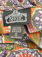 inside label on Angie boho medallion print kimono in earth tones made in India 100% rayon top 