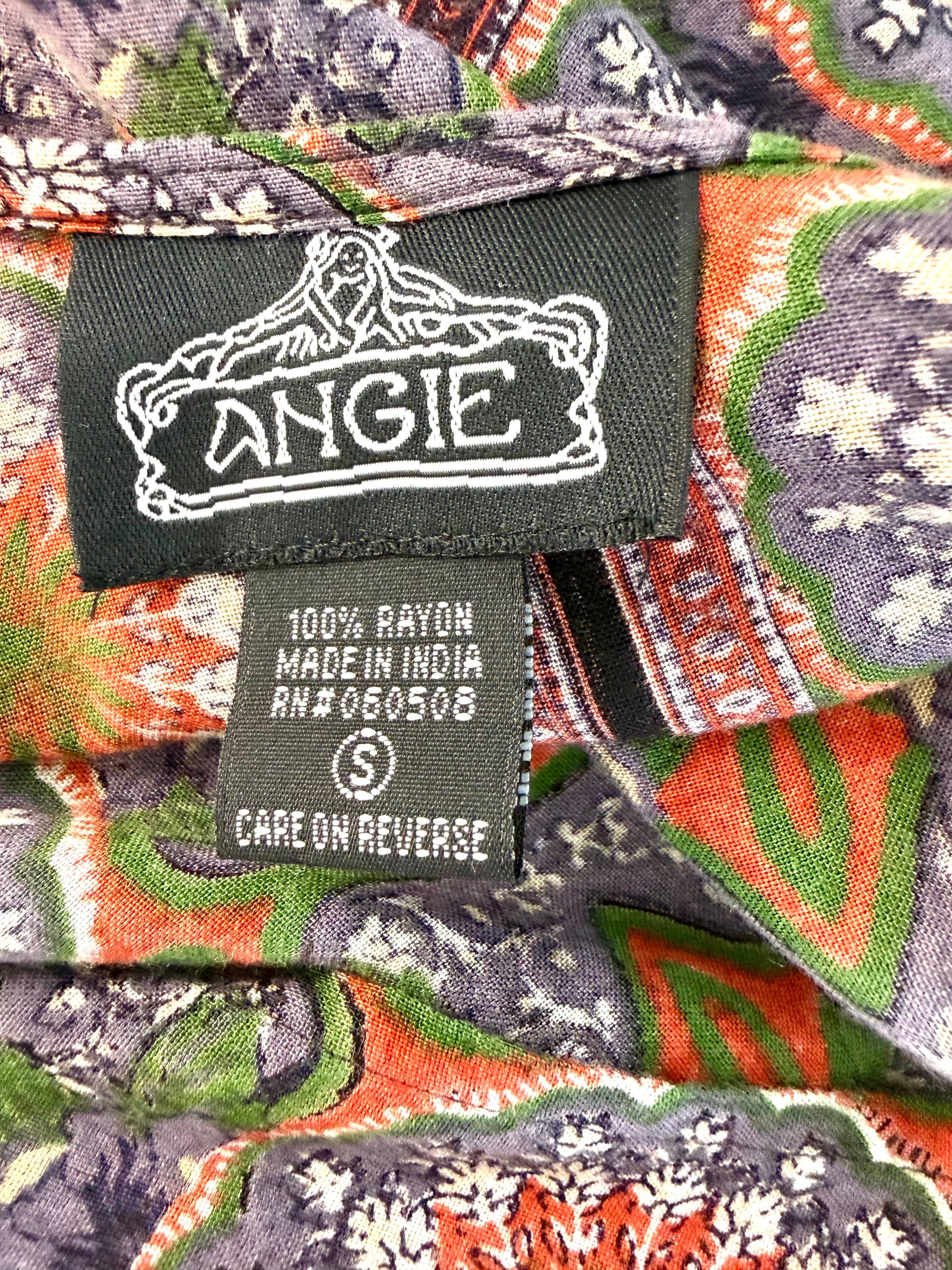 inside label on Angie boho medallion print kimono in earth tones made in India 100% rayon top 