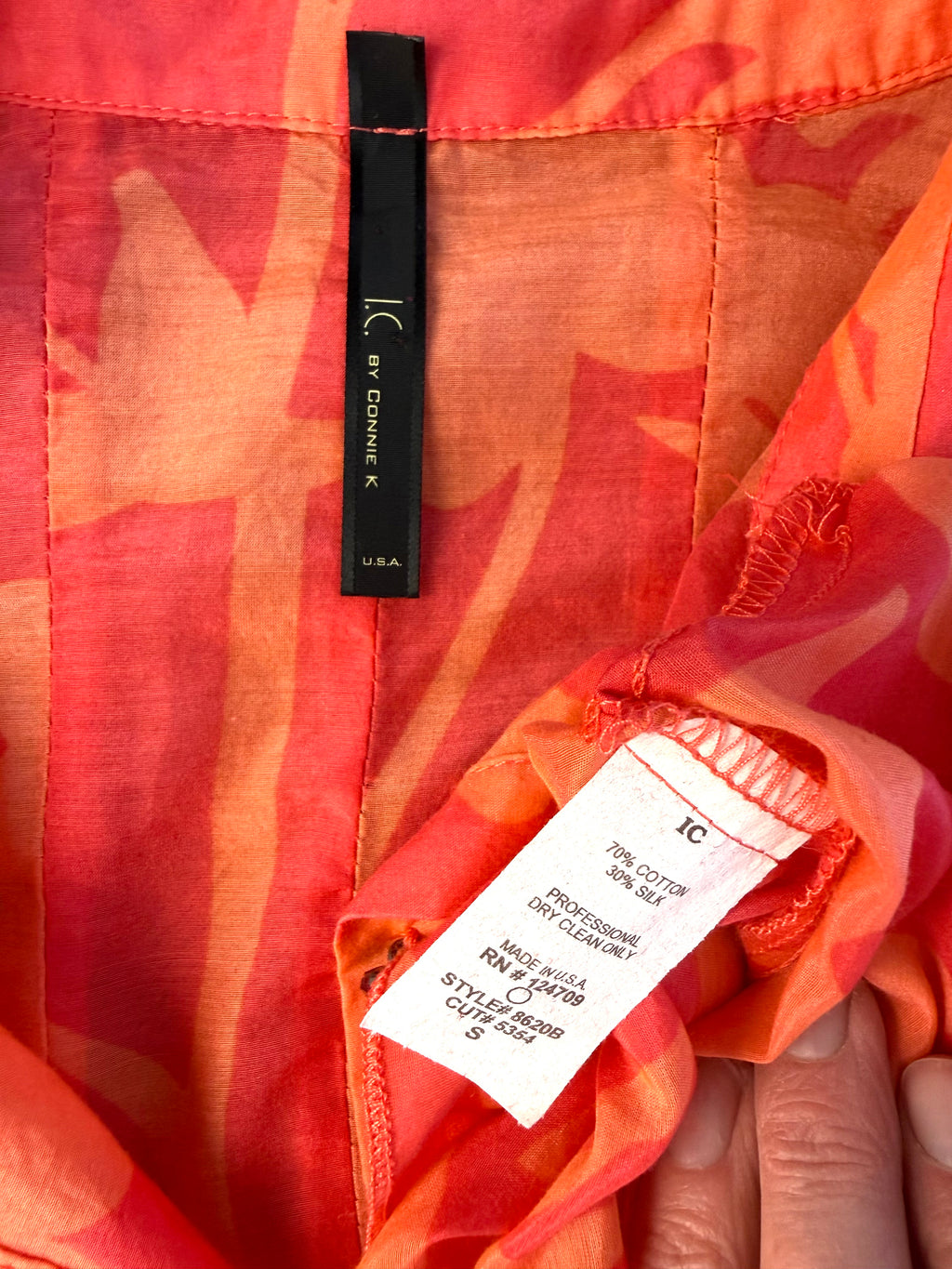 inside label on IC by Connie K Silk Blend Blouse in coral and orange made in USA top