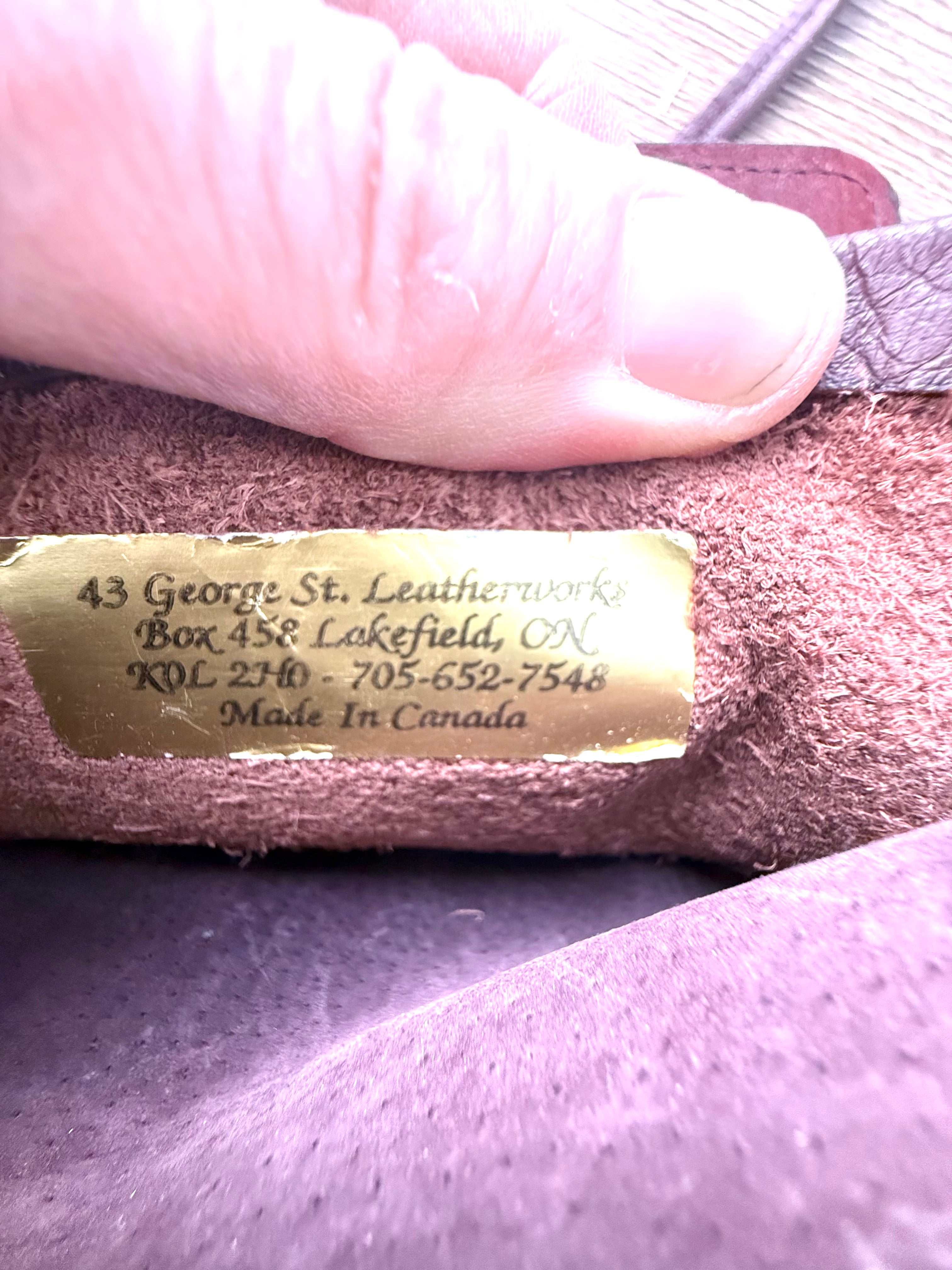 inside label on Made in Canada Leatherworks Crossbody Bag 