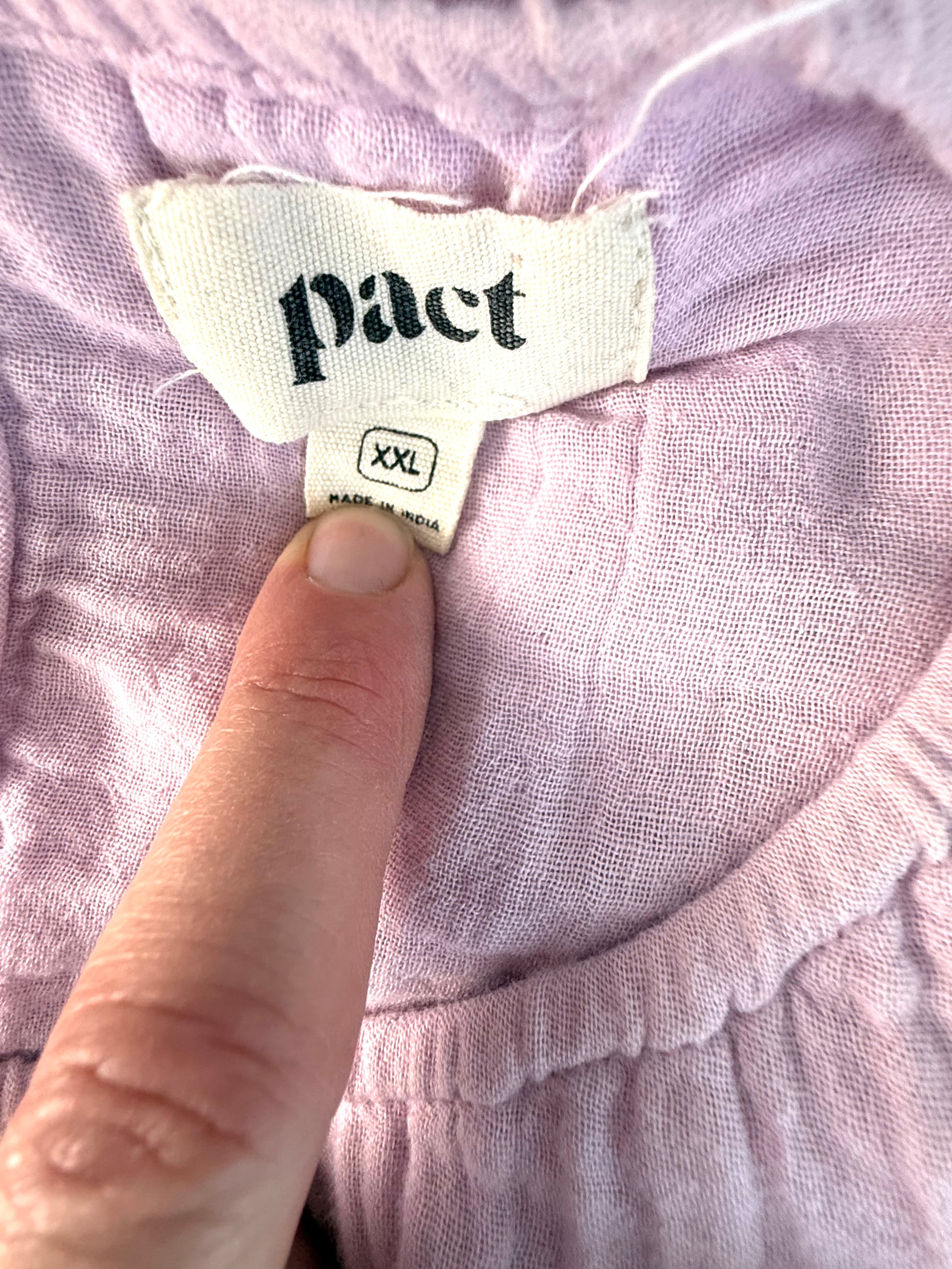inside label on Pact 100% organic cotton tiered midi dress