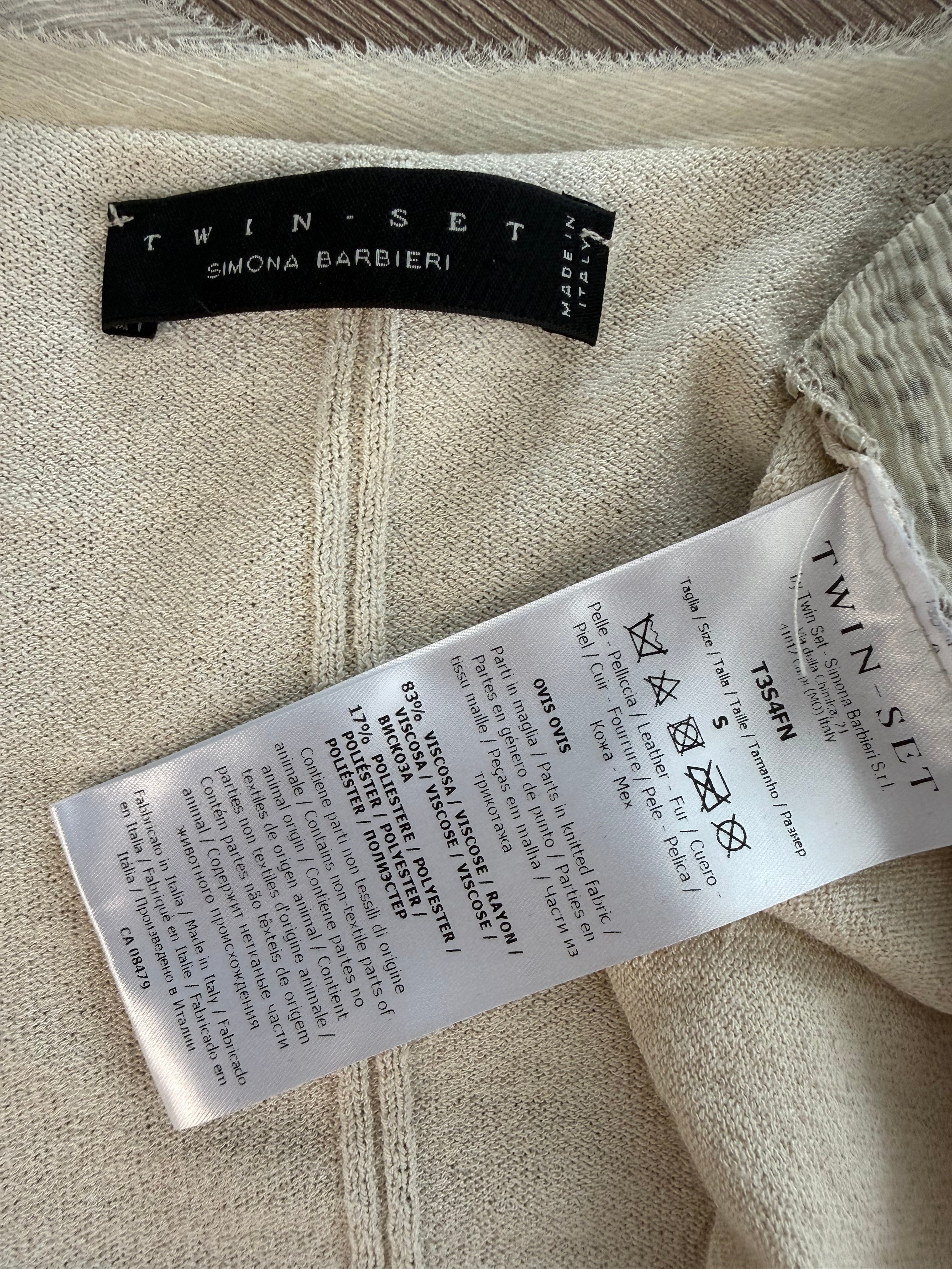 inside label twin set simona barbieri beige cardigan with laser cut leather front panel