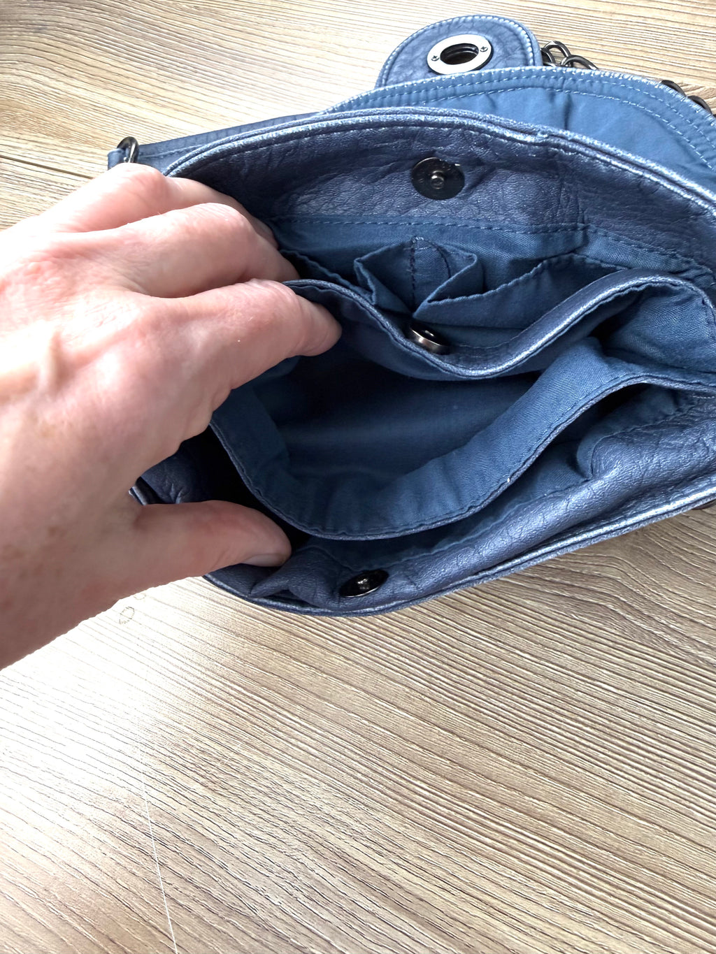 inside of Blue Vegan Leather Mini Chain Crossbody Bag 