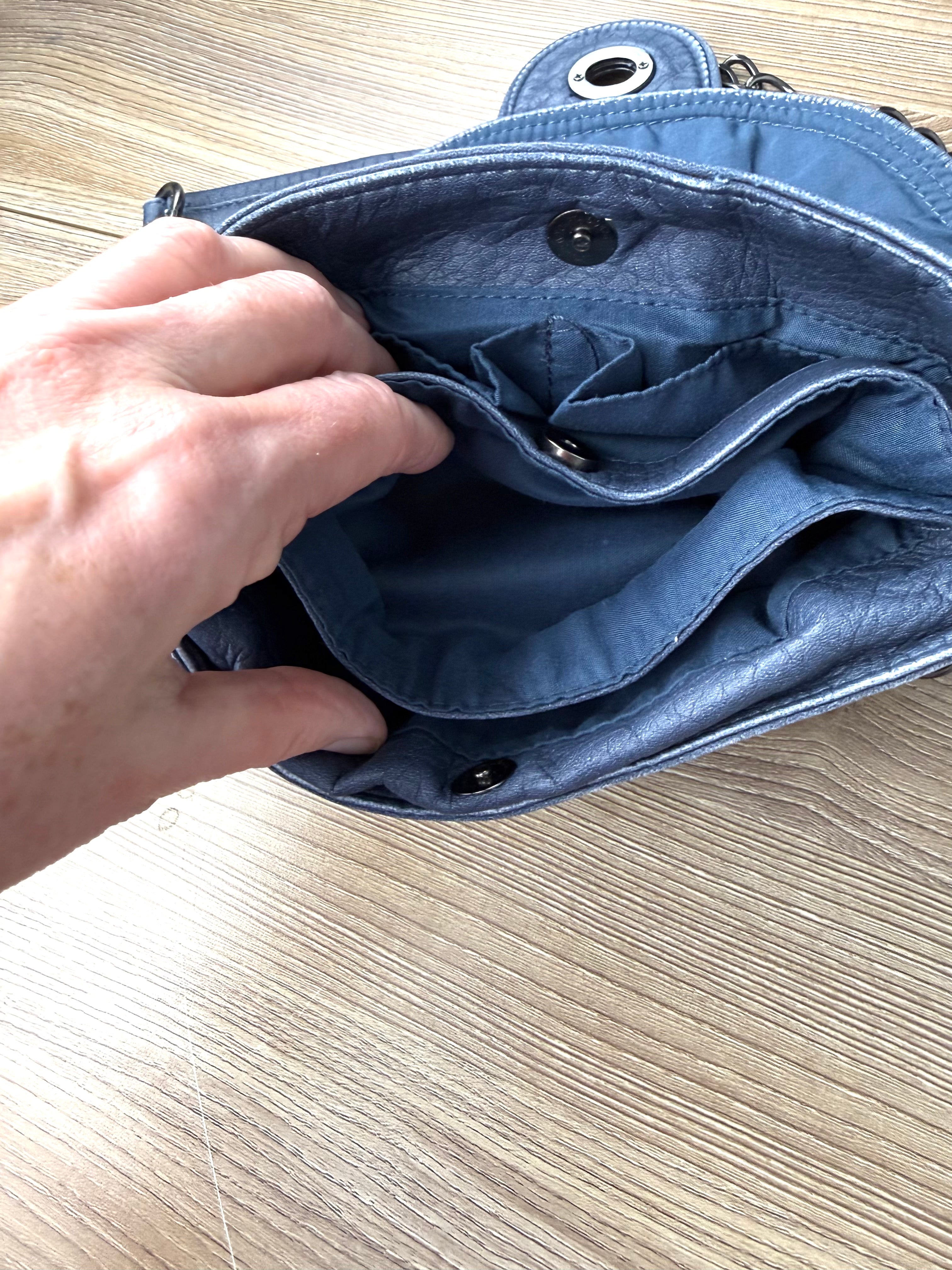 inside of Blue Vegan Leather Mini Chain Crossbody Bag 