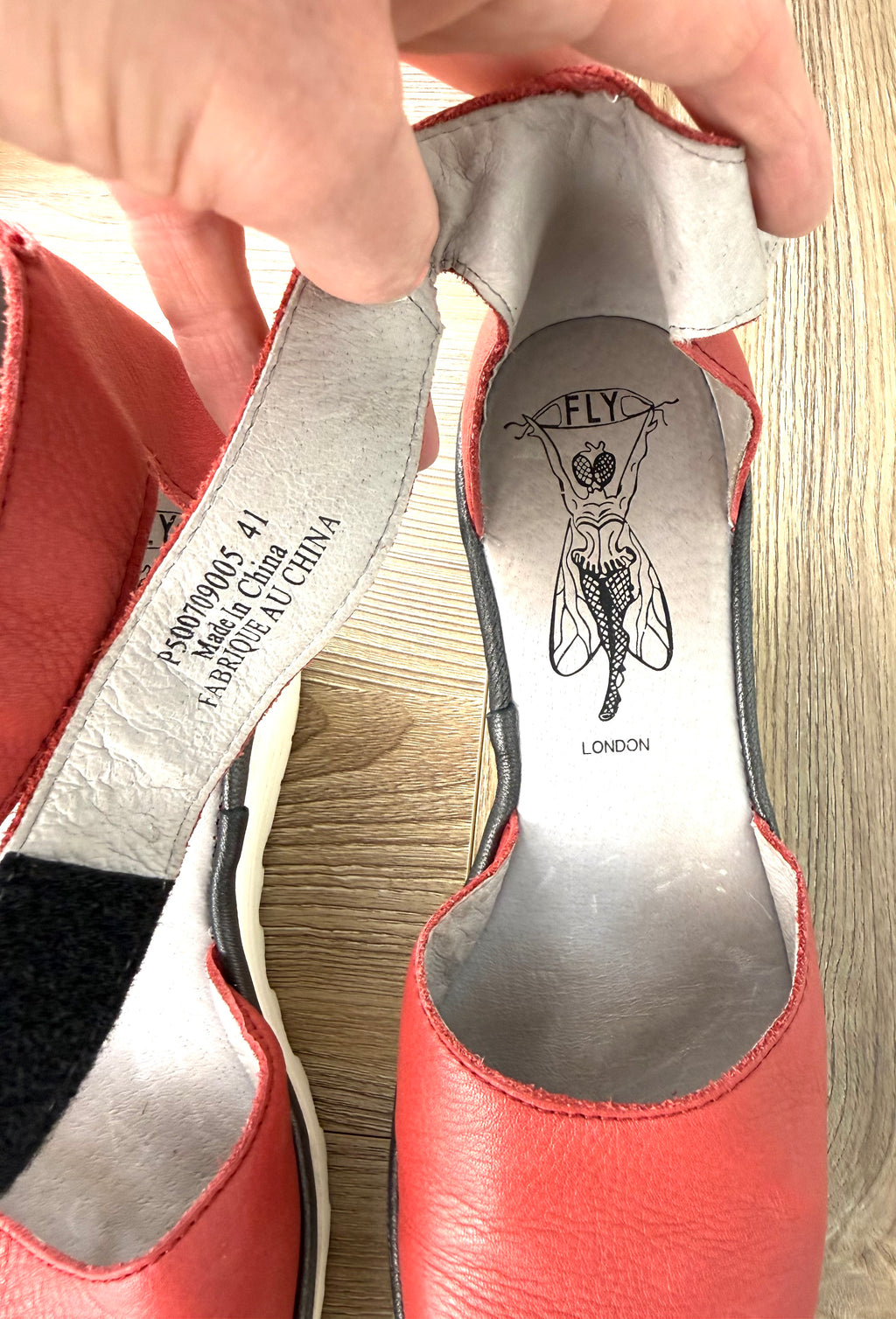 inside of Fly London Red Leather Platform Wedge Sandals