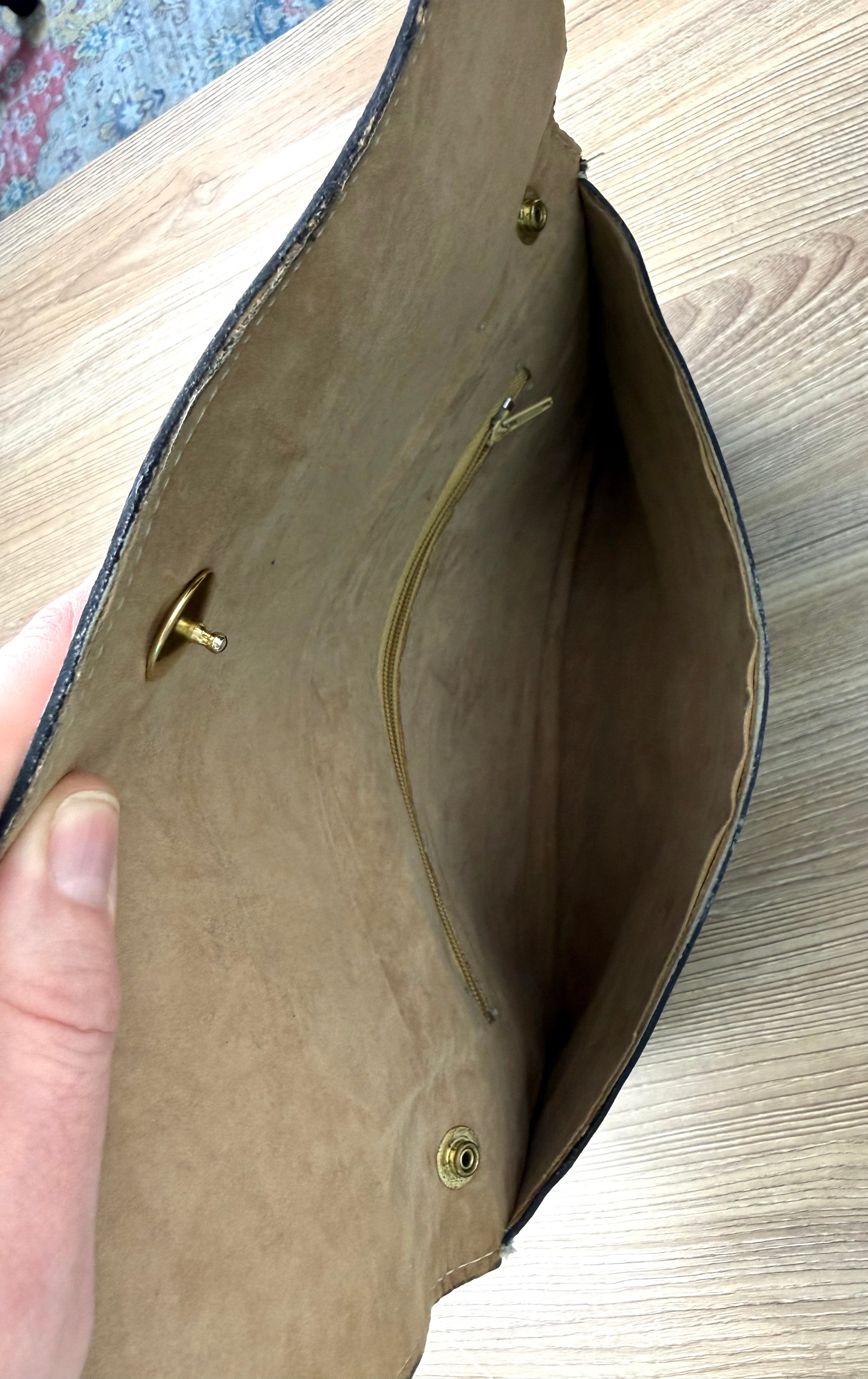 inside of Vintage Leather Clutch Bag at Blue Sparrow Shop 