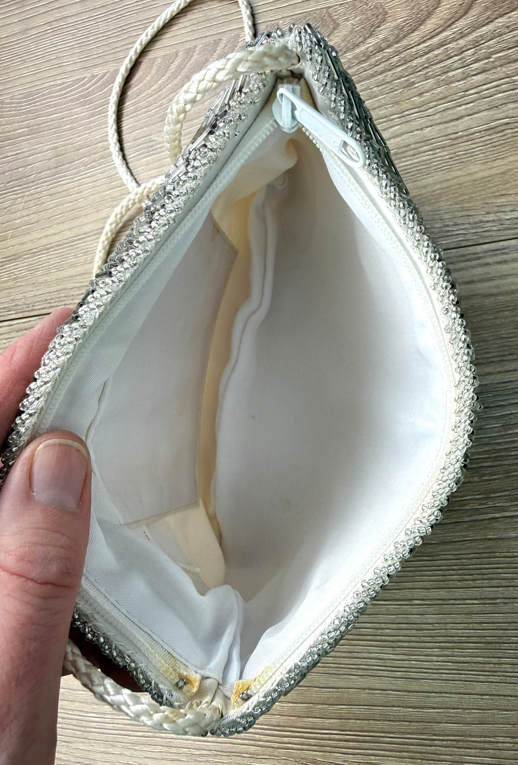 inside of Vintage Silver Beaded Evening Bag at Blue Sparrow Shop Resale Reimagined  