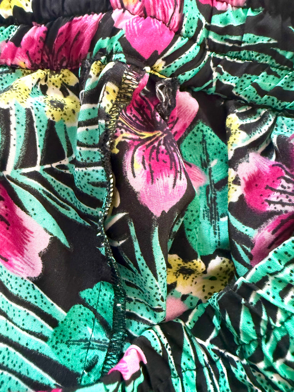 inside seams on Artisan Handmade Tropical Floral Print Loose-Leg Pants — Hibiscus & Palm | Size M / 8-10 at Blue Sparrow Shop 