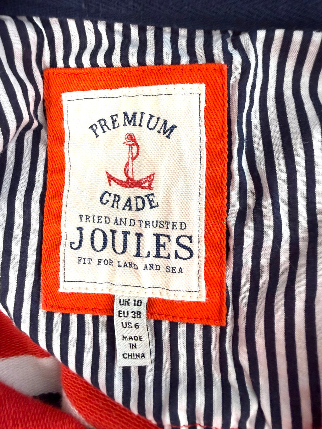 inside size tag on 98% Cotton Joules Nautical Breton Pullover | Size S at Blue Sparrow Shop