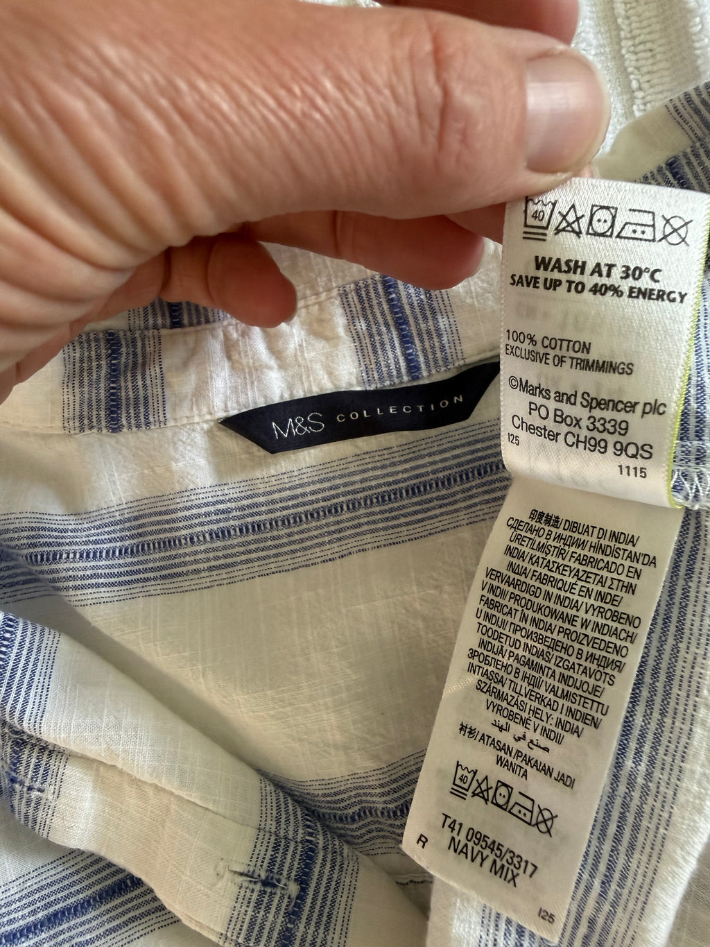 inside tag on 100% Cotton Marks & Spencer Striped Top | Size M   showing 100% cotton