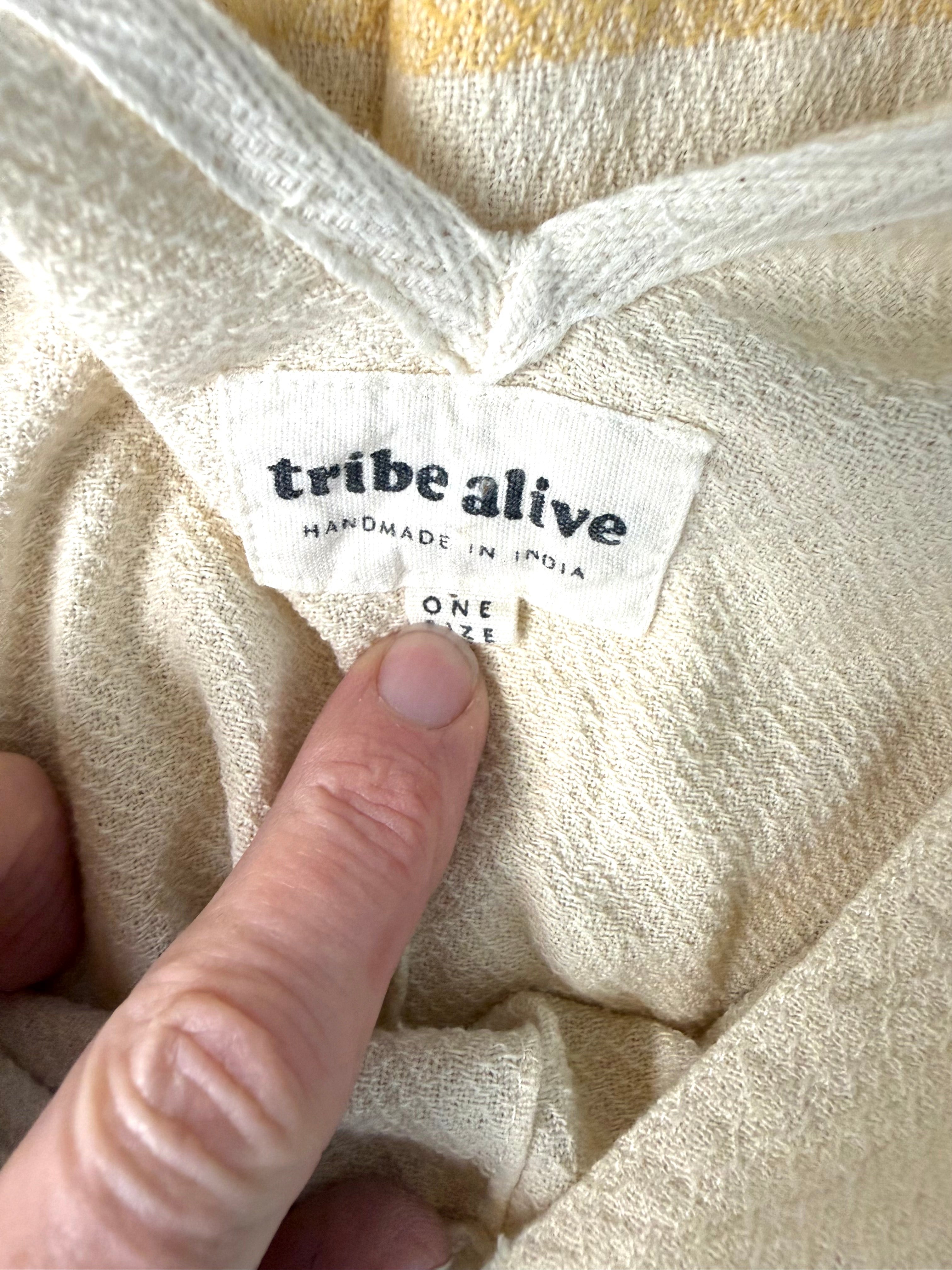 inside tag on 100% Cotton Tribe Alive — Handmade Cream Stripe Fringe Kaftan, One Size at Blue Sparrow Shop Canadian Resale Reimagined 